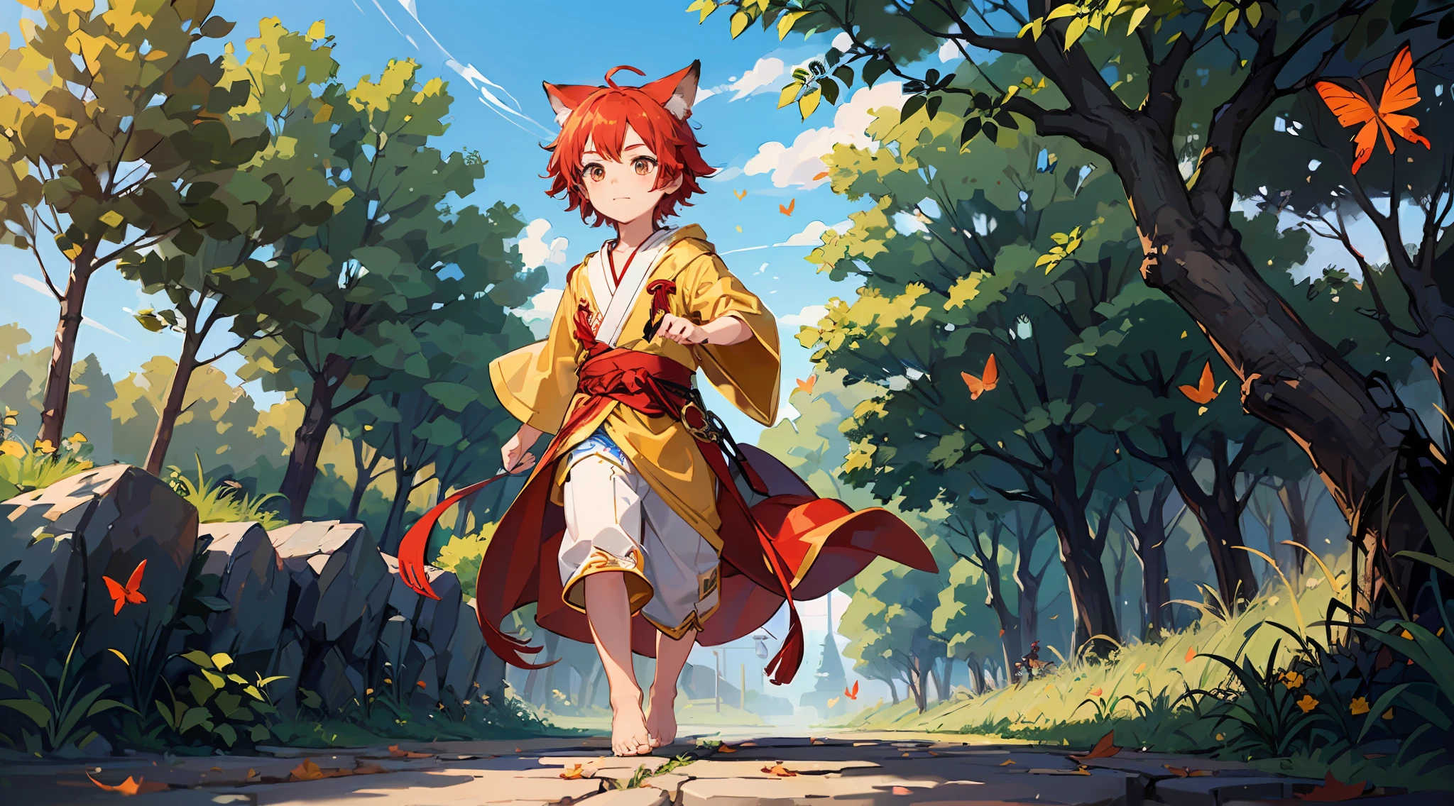 ( with short red hair with golden eyes), (dressed in a golden and red fairy robe), (red fox ear tail), (handsome), (barefoot), (maple forest), (chasing butterflie