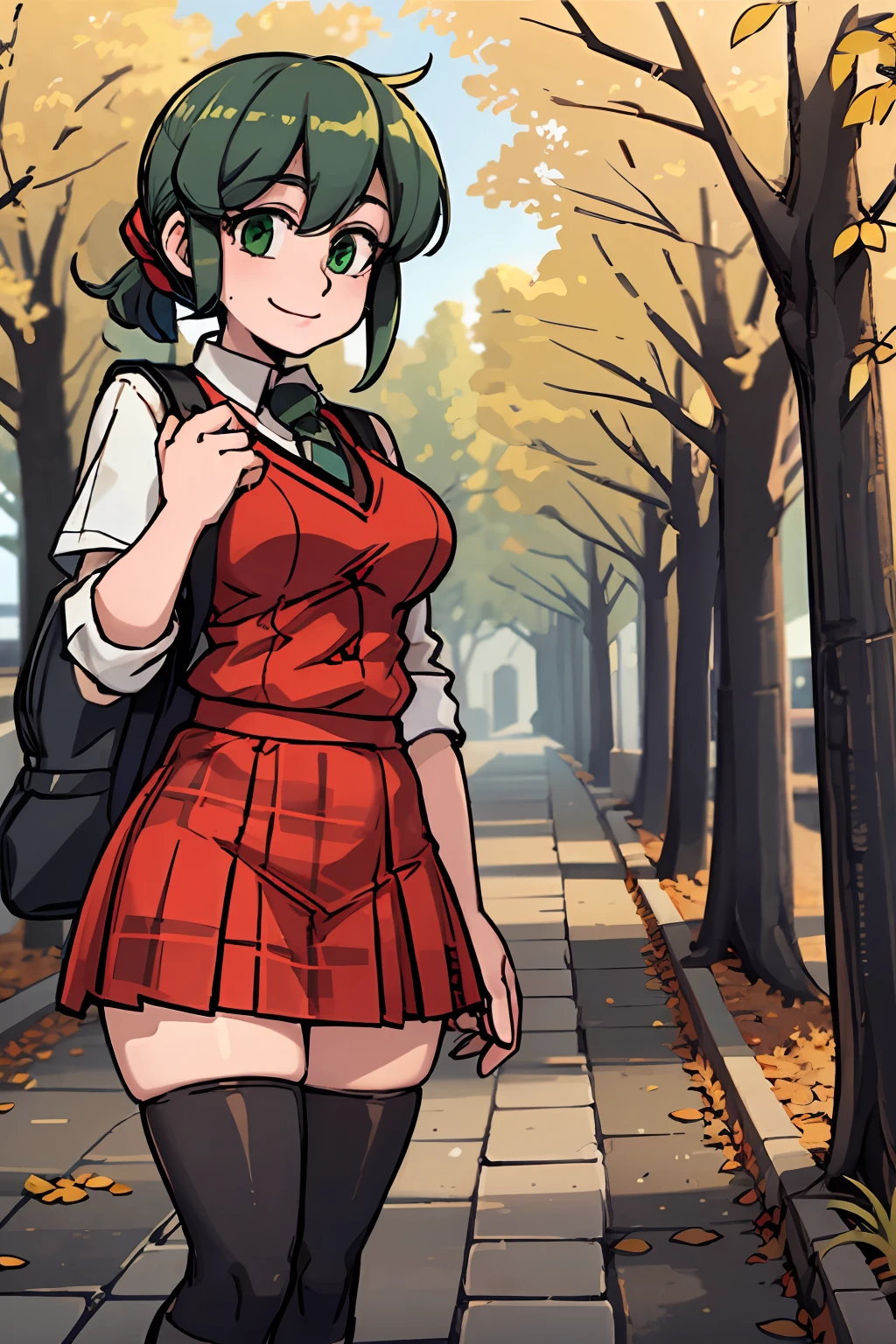 light smile, Schoolgirl attire, white blouse with yellow sweater vest, green striped tie, red plaid skirt and black boots with white buckles, forest green eyes and ashy hair in a twin ponytail