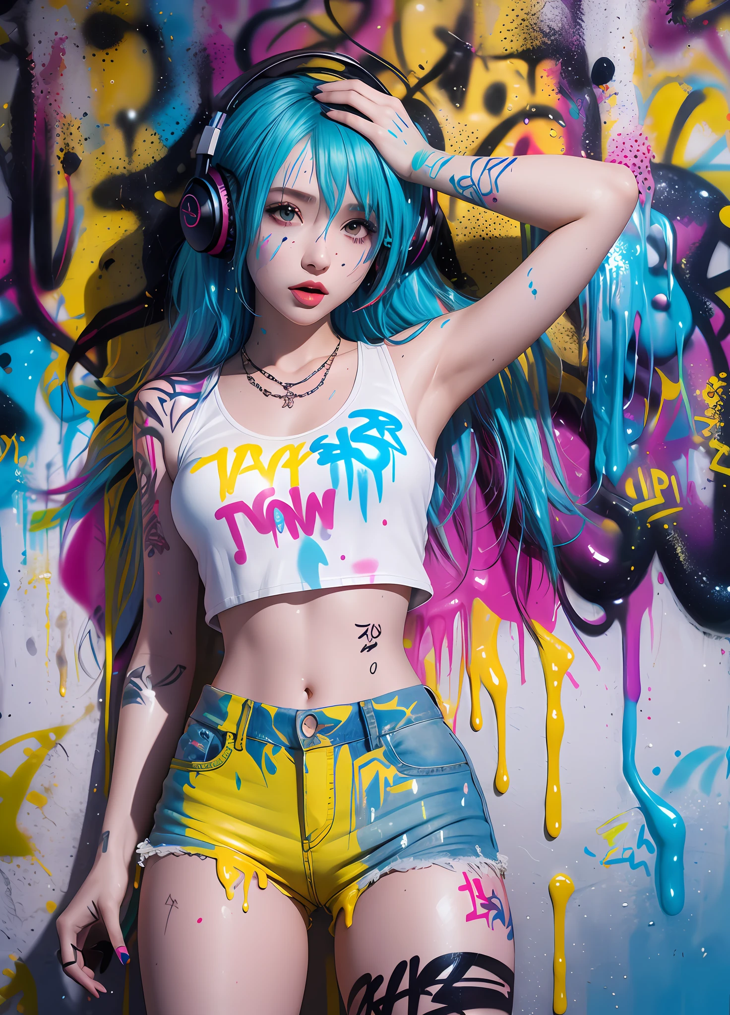 Masterpiece, best quality, 1 girl, solo, crop top top, denim shorts, necklace, (graffiti:1.5), paint splash, behind arm, against a wall, looking at the audience, armbands, thigh straps, body paint, head tilt, boredom, colorful hair, aqua eyes, headphones, color, cream, slime girl