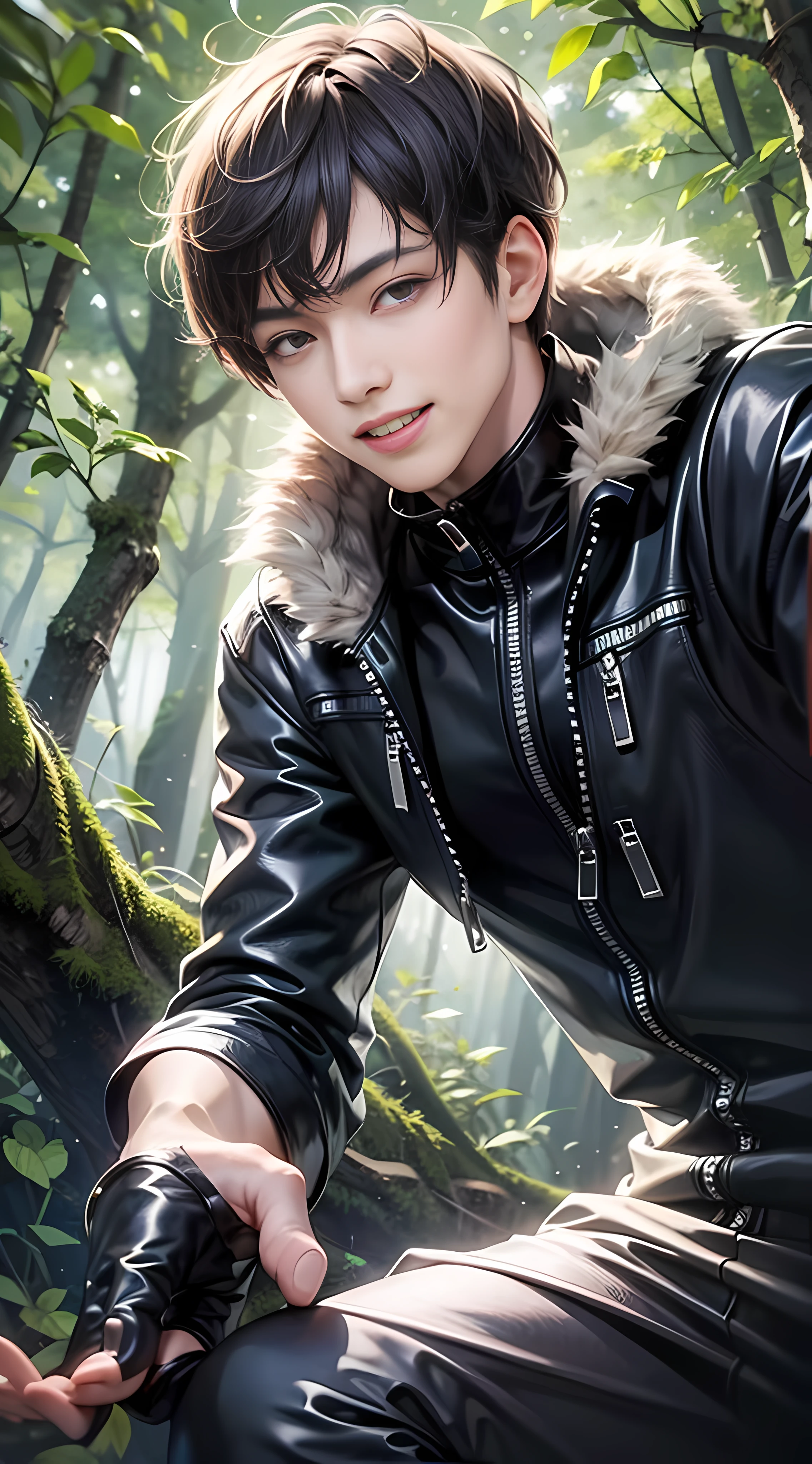 Best quality, 8K, Don't Leak Fingers, 1 Boy, Upper body, Black suit, Black hair, Forest background, Outdoor, Smile, No Missing Teeth, KDA, Solo,
