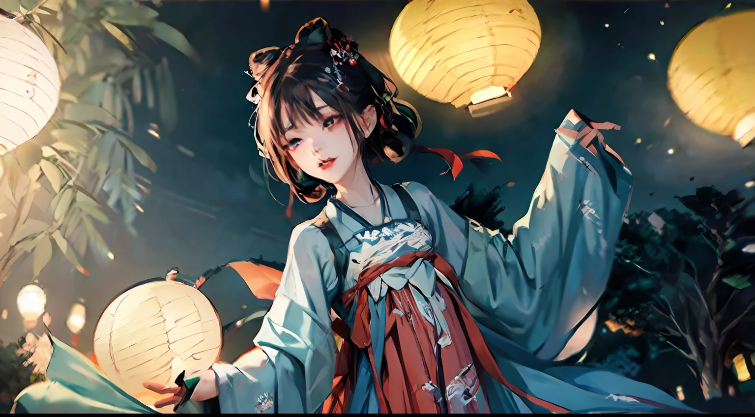 official art, unity 8k wallpaper, ultra detailed, beautiful and aesthetic, masterpiece, best quality, (Fire, water, ribbon, paper cutting), (fractal art:1.3) 1girl,building, (solo:1.5), chinese_clothes, sky, outdoors, wide_sleeves, black_hair, sunset, (falling_leaves:1.2), antern, (paper_lantern:1.5),blue sky, (outdoors:1.5),hanfu, (rainbow-candy:0.8), (style-swirlmagic:0.8),