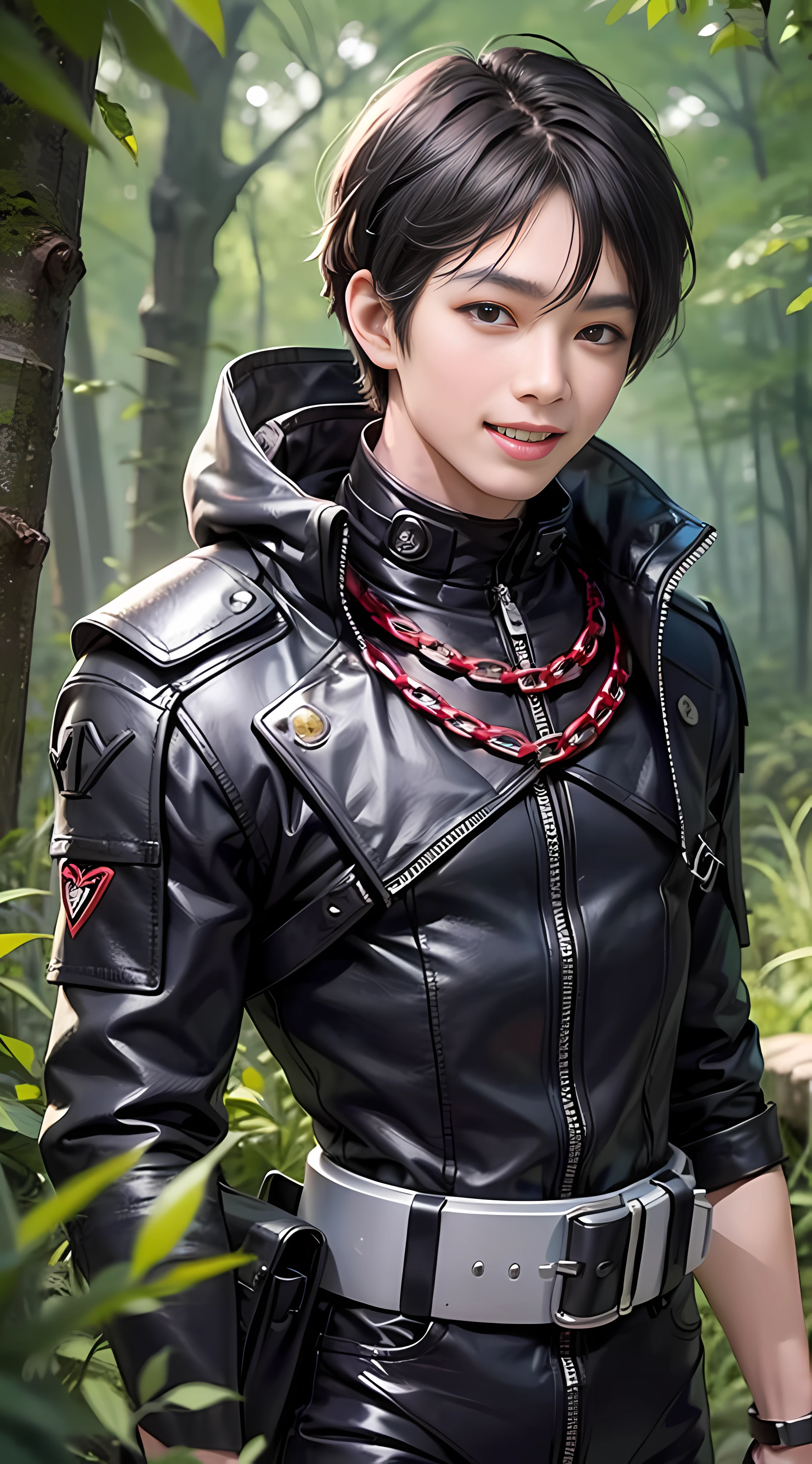 Best quality, 8K, Don't Leak Fingers, 1 Boy, Upper body, Black suit, Black hair, Forest background, Outdoor, Smile, No Missing Teeth, KDA, Solo,