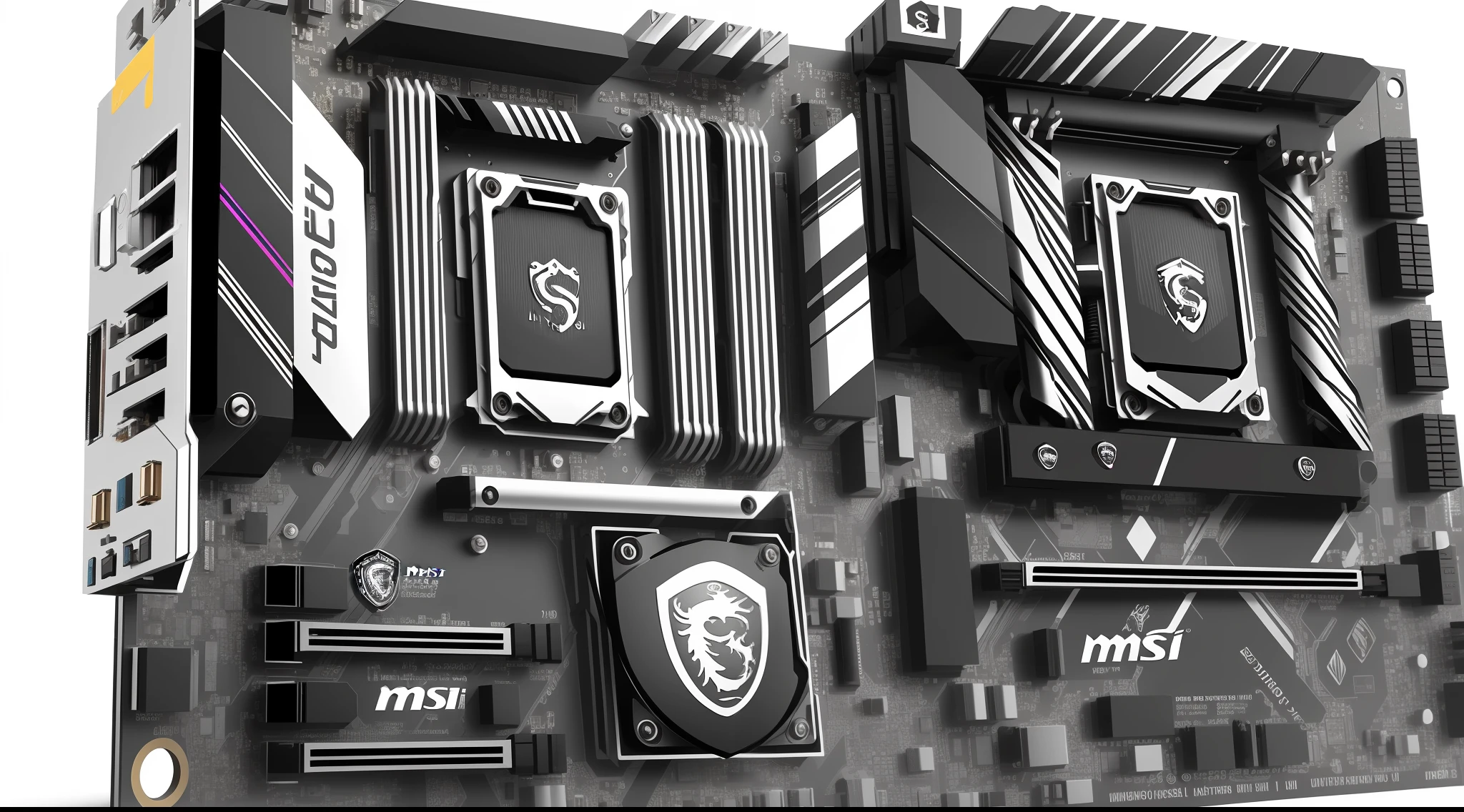 photorealistic, high definition of MSI UNIFY ATX Motherboard clearly label the location and components neo fauvist