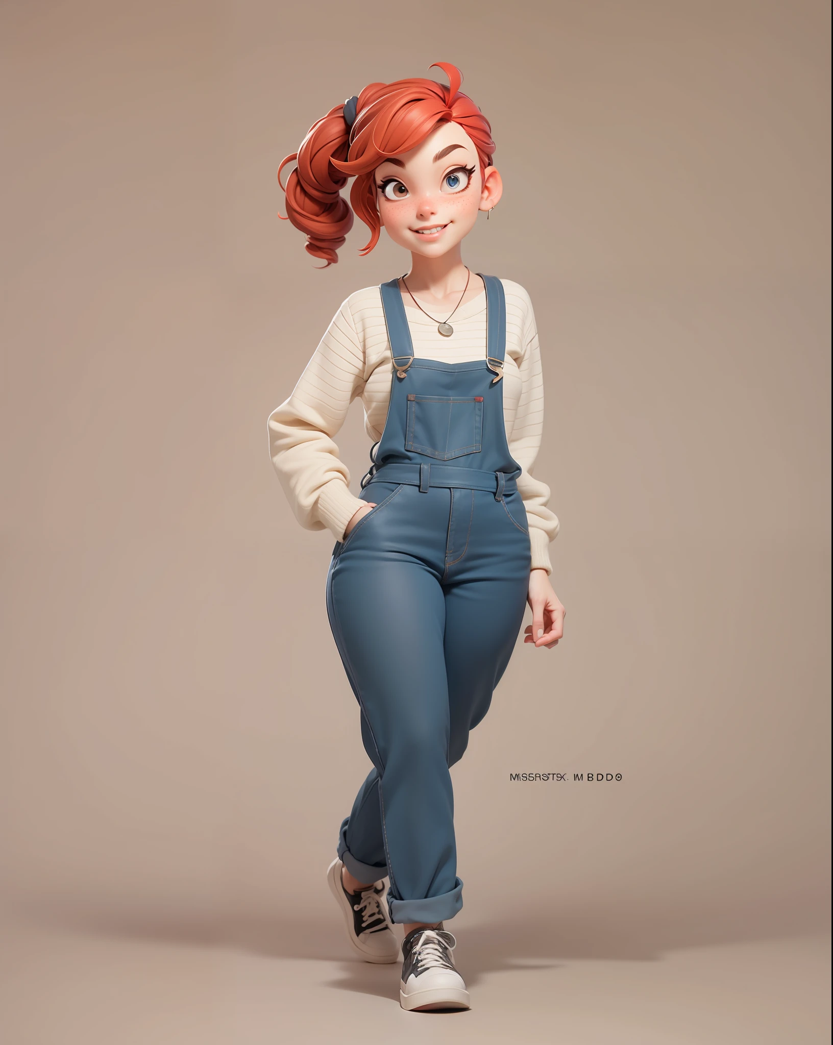 masterpiece, best quality,3d rending work ,3DMM style, 1girl, wavy hair, full body, suspenders, ponytail, freckles, red hair, necklace