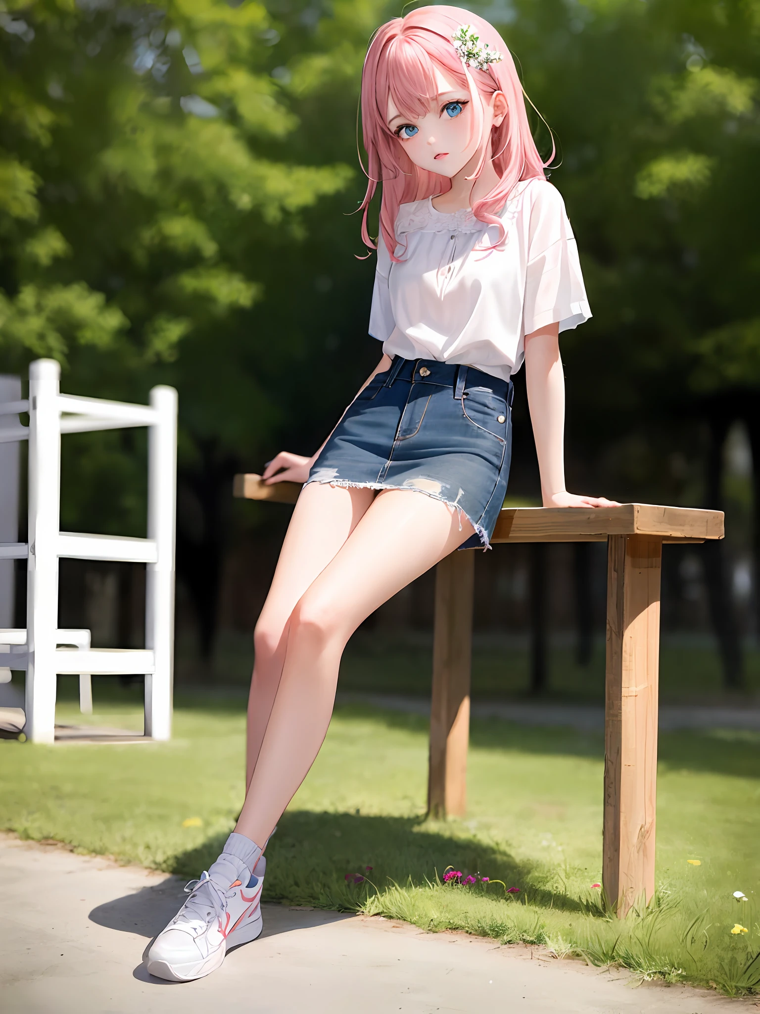 1girl, (masterpiece:1.1), (best quality:1.1), (white blouse:1.1), BREAK [blue:pink:0.5] theme, cowboy shot, full body, sideways view, looking at the audience, break pink hair, long hair, delicate facial features, blue eyes, flowers on the head, white top, denim miniskirt, white sneakers, sitting, playground
