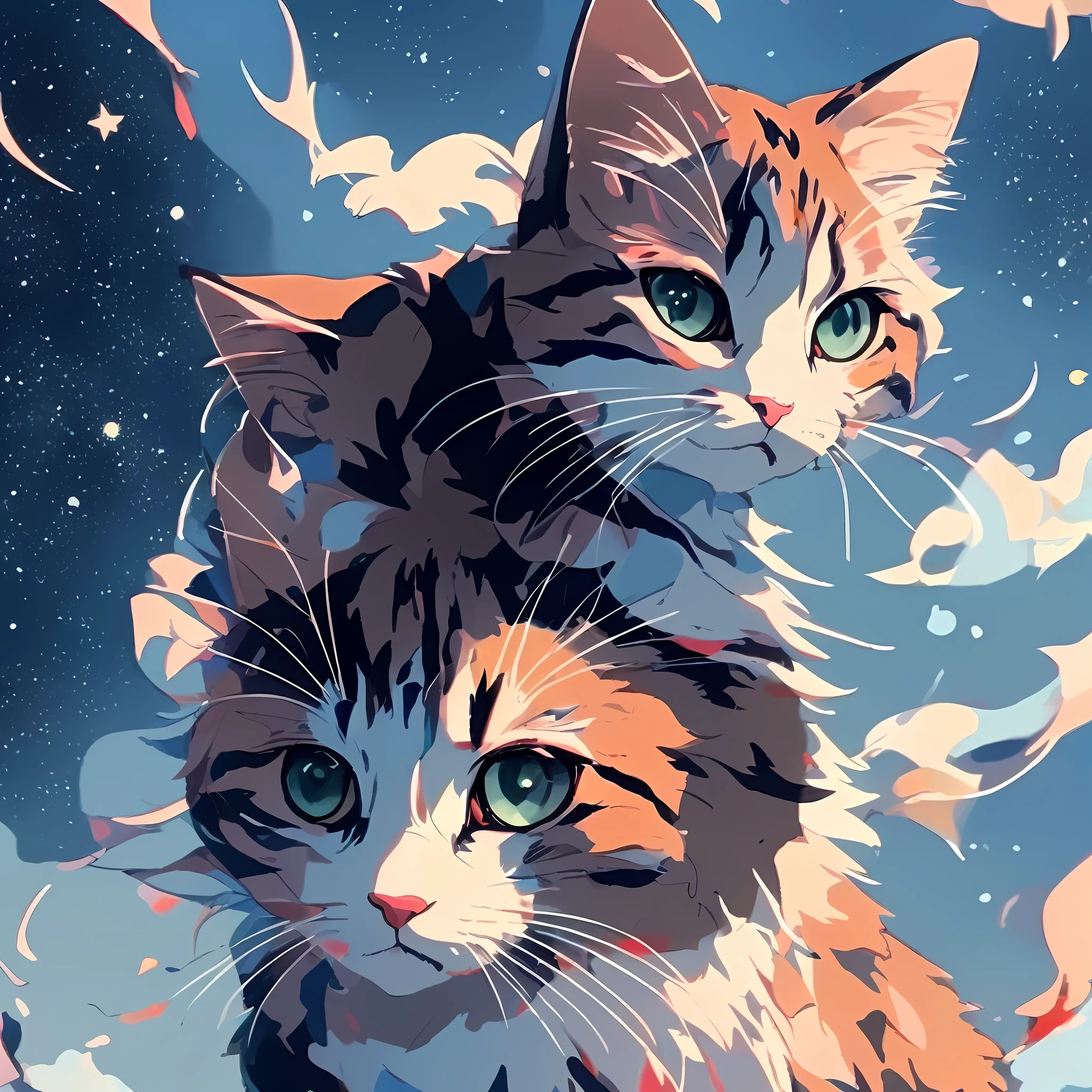 Anime art wallpaper, background starry sky, cat head appearance, 4K clarity. Draw realistic and cute anime cats in detail, digital art style. 8K high-definition digital animation wallpaper, ultra-high detail value, small and cute, showing the most exquisite digital animation art.