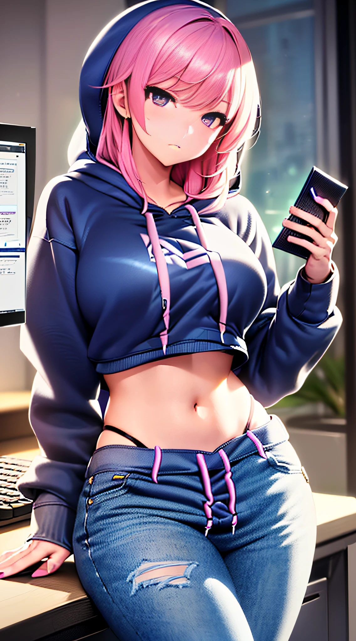 (masterpiece, best illustration, best manga), (extreme detail, ultra fine), solo, 1girl, violet eyes,(holding a computer:1.4),(long hair), (pink hair), (large breasts:1.3), (sexy), (vivid colors),(wearing a hoodie:1.8), (denim jeans), (extreme light and shadow, volumetric lighting), (rim lighting:1.5), (solo), (80s style:.5),(ultra sharp:2),