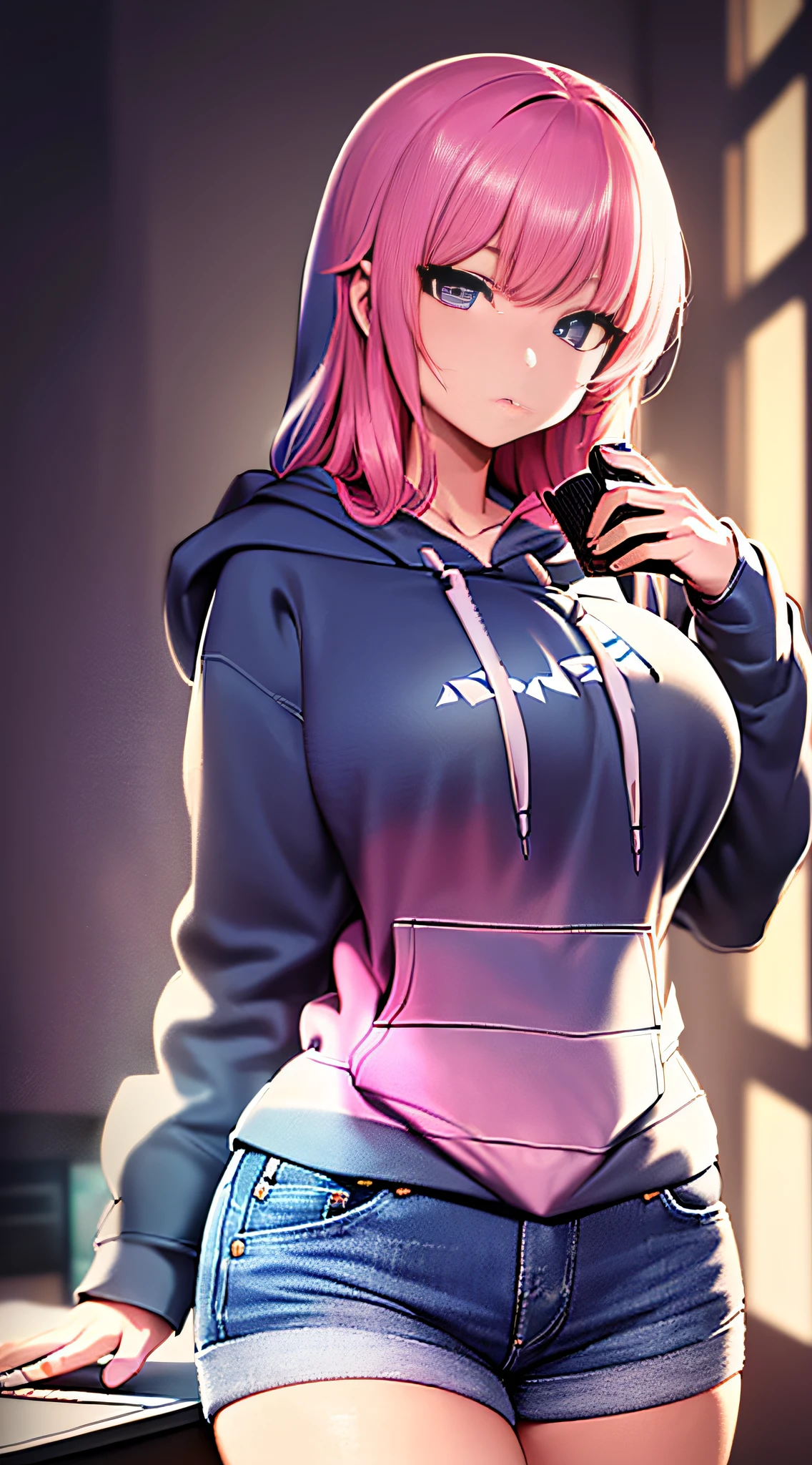 (masterpiece, best illustration, best manga), (extreme detail, ultra fine), solo, 1girl, violet eyes,(holding a computer:1.4),(long hair), (pink hair),  (large breasts:1.3), (sexy),  (vivid colors),(wearing a hoodie:1.8), (denim jeans), (extreme light and shadow, volumetric lighting), (rim lighting:1.5), (solo), (80s style:.5),(ultra sharp:2),