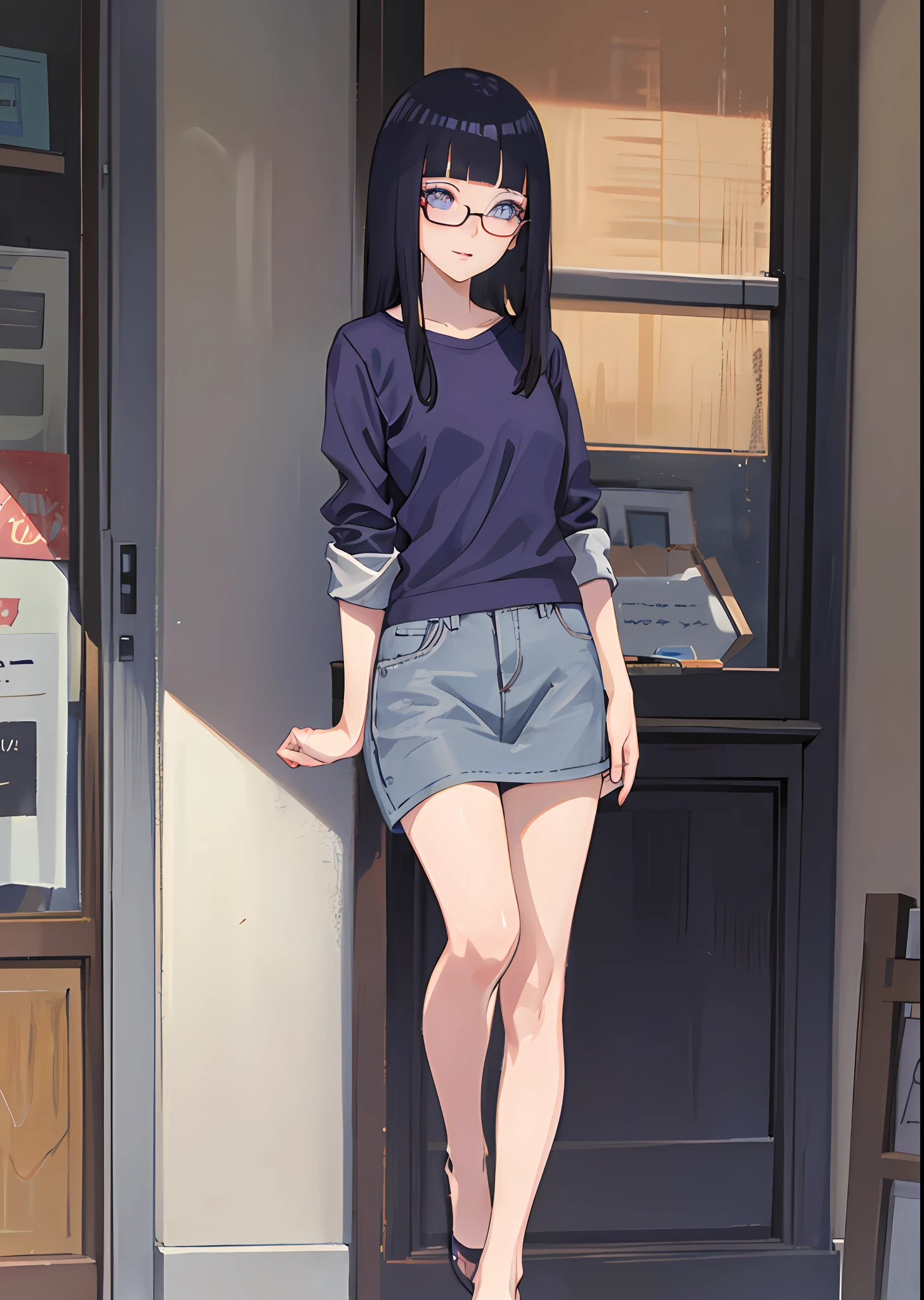 full body photo of a beautiful petite woman wearing round glasses, sexy, blunt bangs, dark blue hair, purple eyes, casual, long hair, detailed character