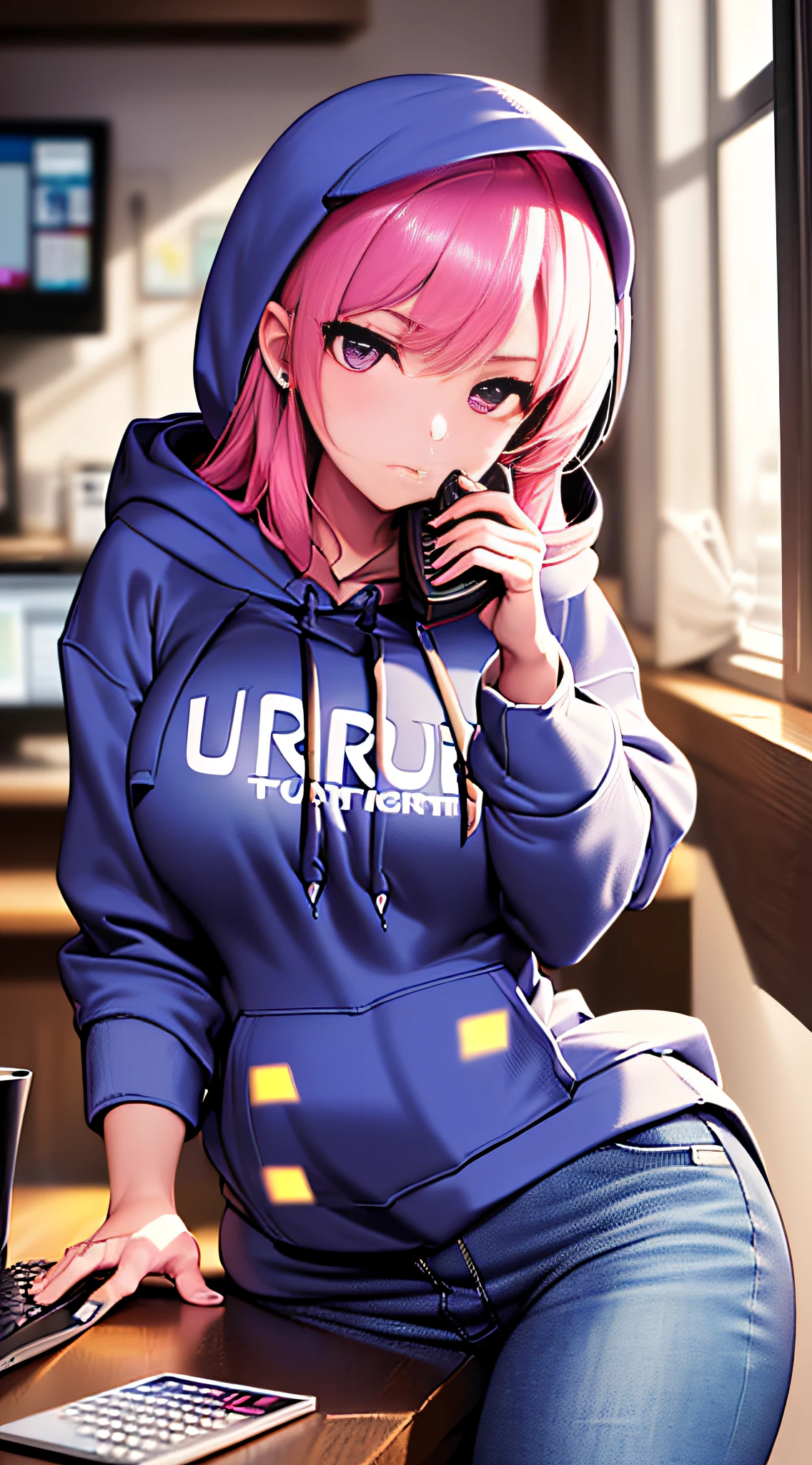 (masterpiece, best illustration, best manga), (extreme detail, ultra fine), solo, 1girl, violet eyes,(holding a computer:1.4),(long hair), (pink hair), (large breasts:1.3), (sexy), (vivid colors),(wearing a hoodie:1.8), (denim jeans), (extreme light and shadow, volumetric lighting), (rim lighting:1.5), (solo), (80s style:.5),(ultra sharp:2),