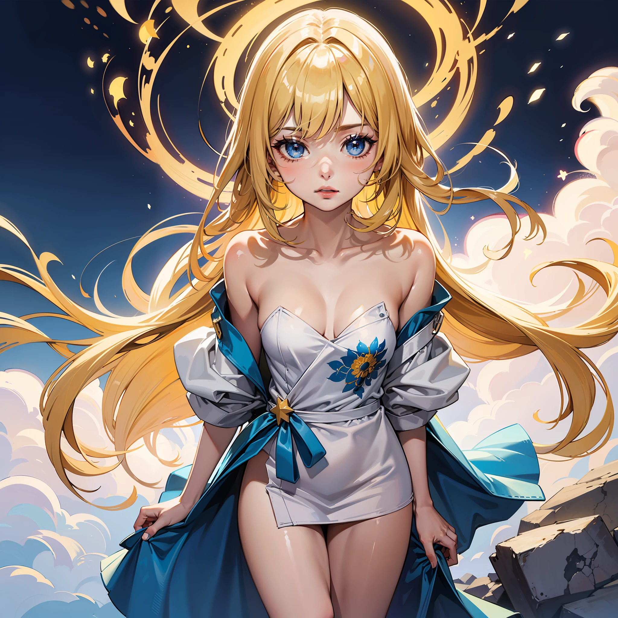 Rational, super detailed, masterpiece, top quality, break, official art, (beautiful and aesthetic: 1.2), (watercolor: mid), break, beautiful girl, (cute: 1.3), 18 years old, break, colorful hair, (yellow and golden hair: 1.2), (fractal art 1.3), break, sexy, break, glossy skin, break, blue eyes, break, , small, shoulders naked, break