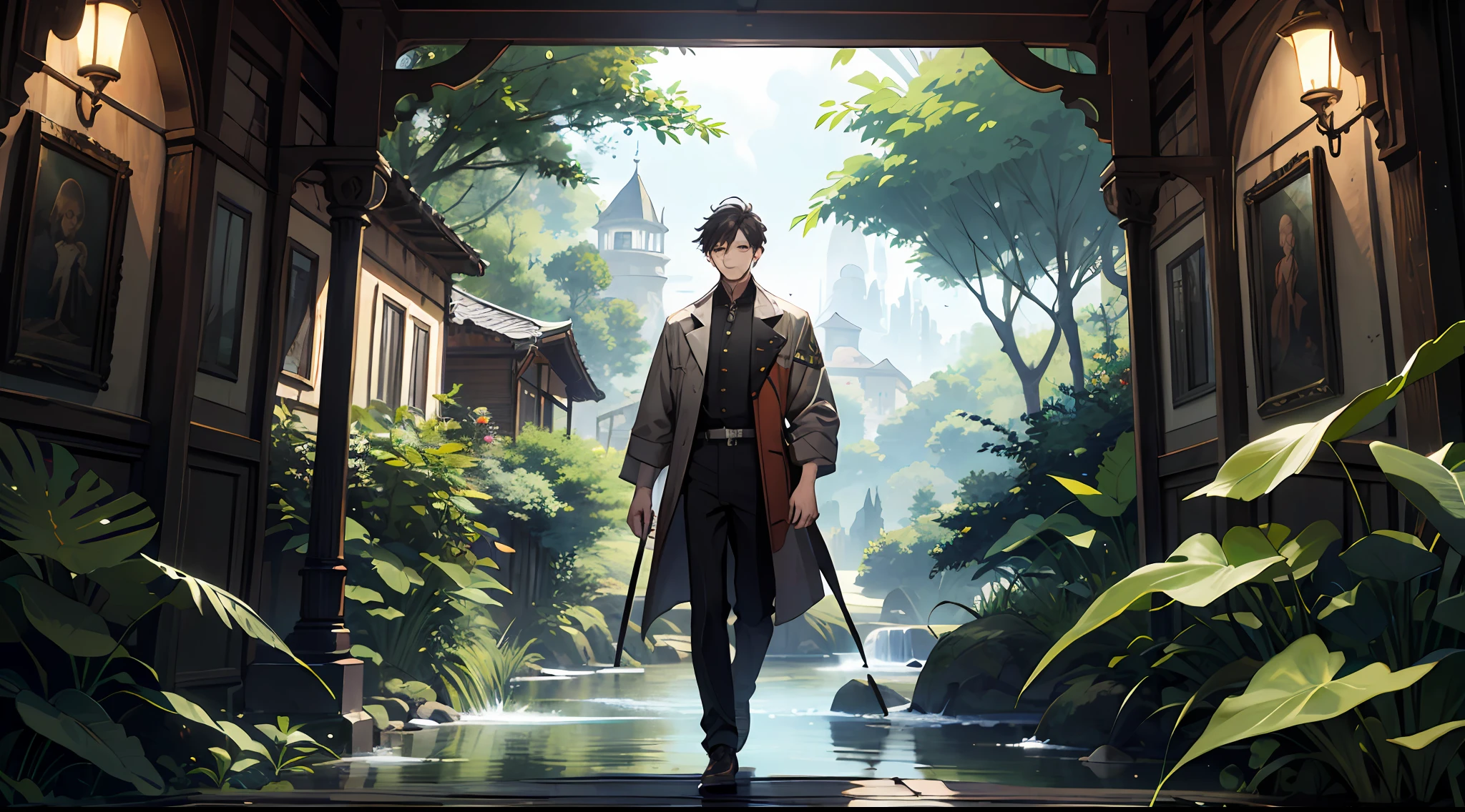 (Absurd, High Resolution), 16k, (Panorama), Boy, Boy, Fullbody, Cultivation, Magic Surround, Jungle, House, River, Antiquity