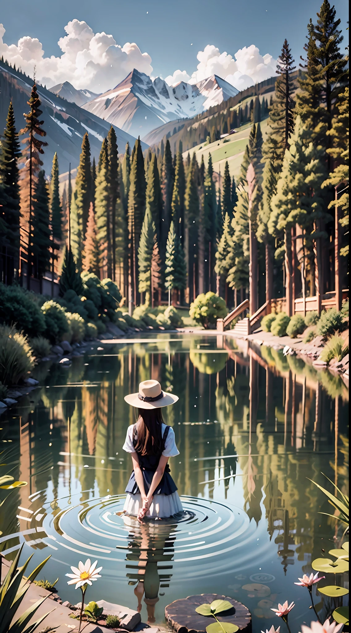 A girl with a sparkling pond