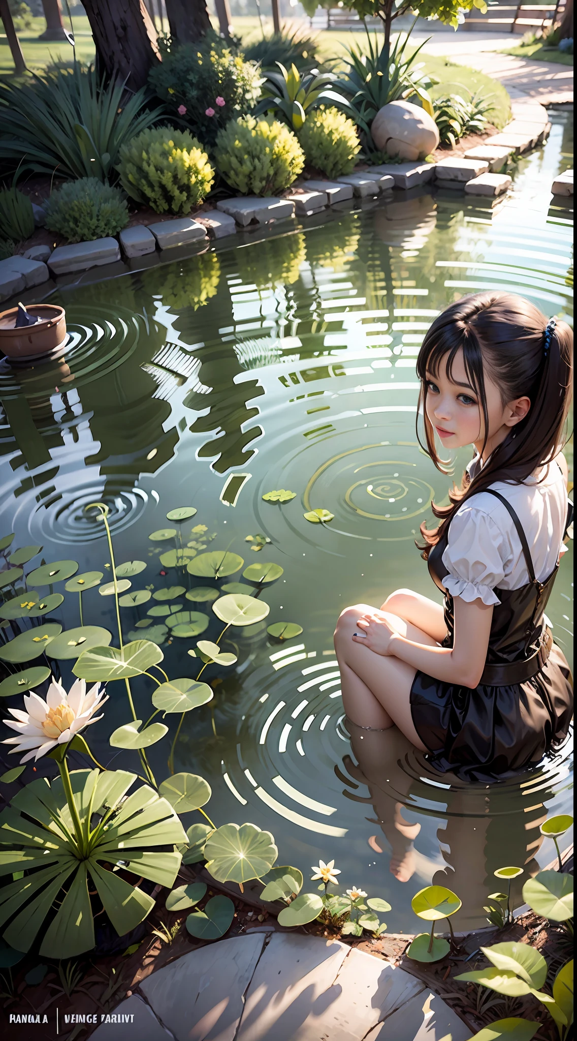 A girl with a sparkling pond