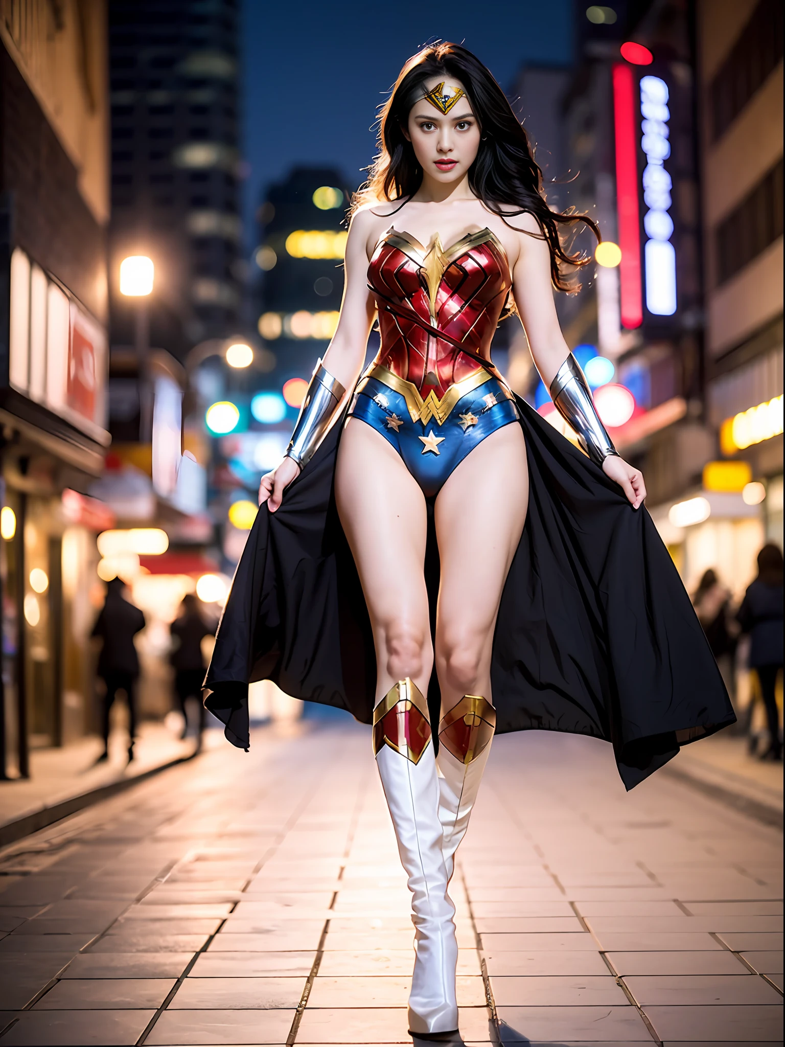 Ultra Definition Photography, Best Quality, Ultra High Definition, Natural Light,One Adult Woman, (((Super Big)), Full Body Portrait,View from Below (Amazingly Beautiful Young Nikkei Beauty), (Black chestnut Hair and Semi-Long Hair Fluttering in the Wind), Beautiful Egg-Shaped Face, Bright Big Eyes, Straight Front View, ((Wonder Woman Tight Costume))), (High Cut, High Leg, Bikini)), ((without head cap, without mask)), dynamic pose, on the street of the city at night, detailed face, high detail skin, realistic skin details, visible pores, sharp focus, 16K UHD, digital, high quality, whitening skin,