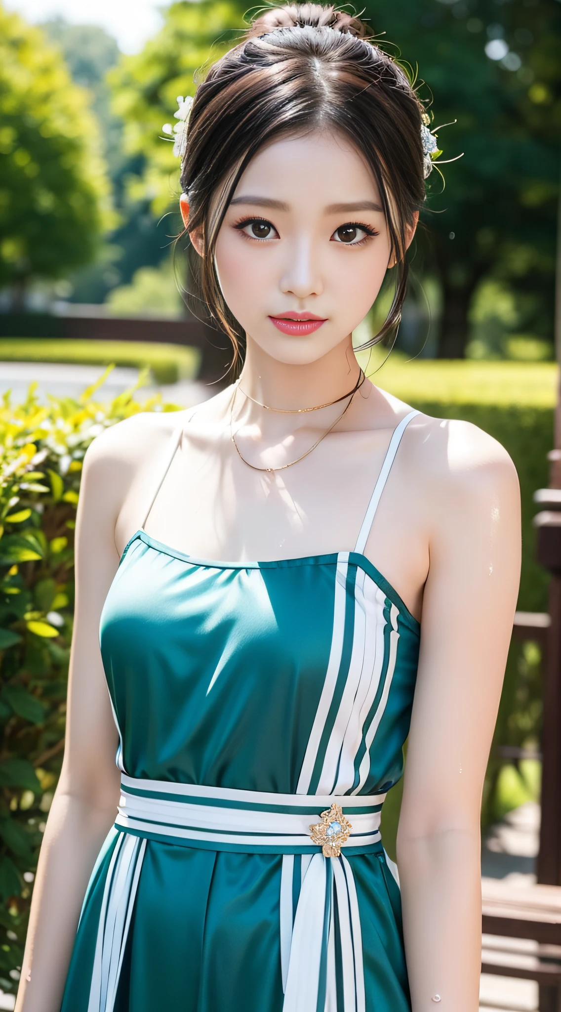 girl, youthful appearance, Hanfu dress, black hair, hair bun, hair accessories, jewelry, exquisite facial features, wet body, delicate skin, soft lighting, silky hair, fine details, high-gloss eyes, fair skin, detailed depiction, ultimate details, movie-level quality, shoulders, alluring, thin, cute, slender, obedient, shy, black eyes, outdoor, distant view, sunlight, water surface, 腰,肩膀,肚脐
