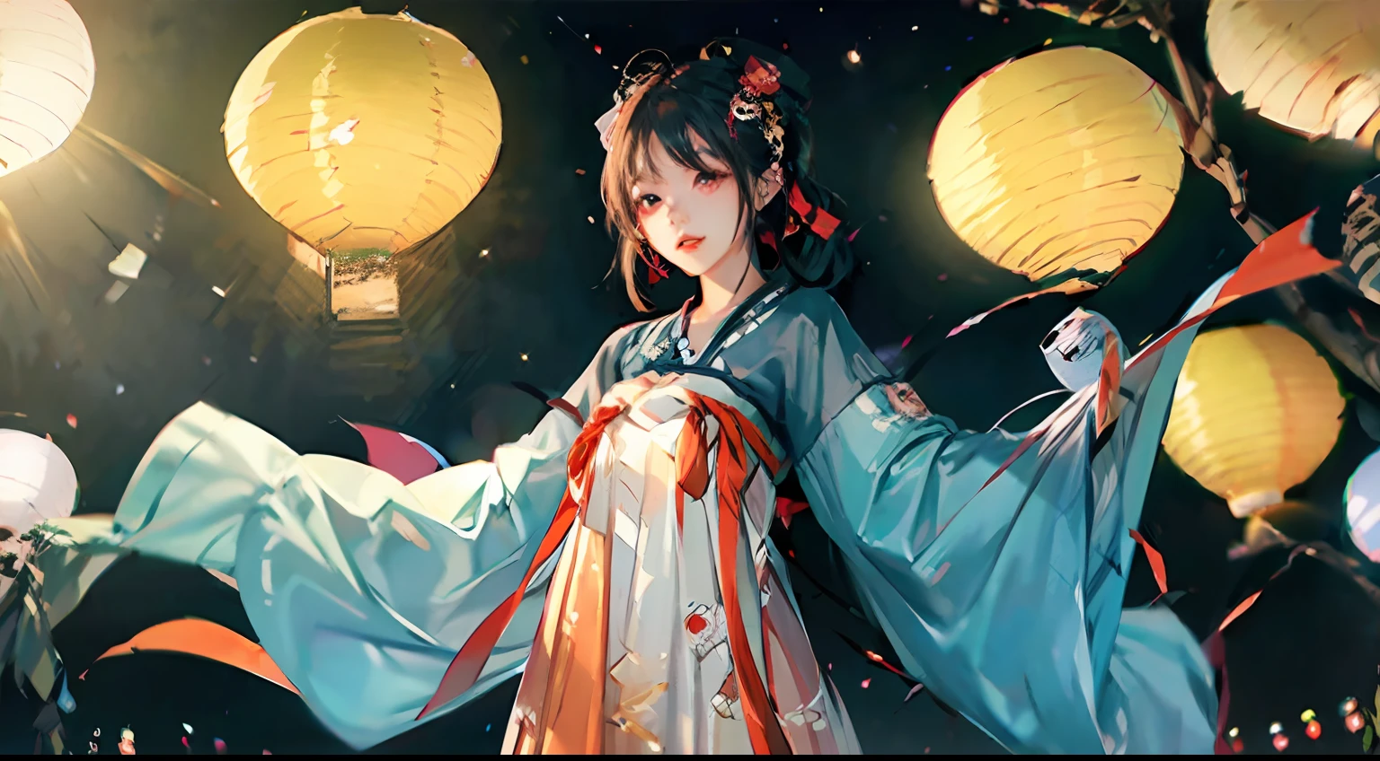 official art, unity 8k wallpaper, ultra detailed, beautiful and aesthetic, masterpiece, best quality, (Fire, water, ribbon, paper cutting), (fractal art:1.3) 1girl,building, (solo:1.5), chinese_clothes, sky, outdoors, wide_sleeves, black_hair, sunset, (falling_leaves:1.2), antern, (paper_lantern:1.5),blue sky, (outdoors:1.5),hanfu, (rainbow-candy:0.8), (style-swirlmagic:0.8),