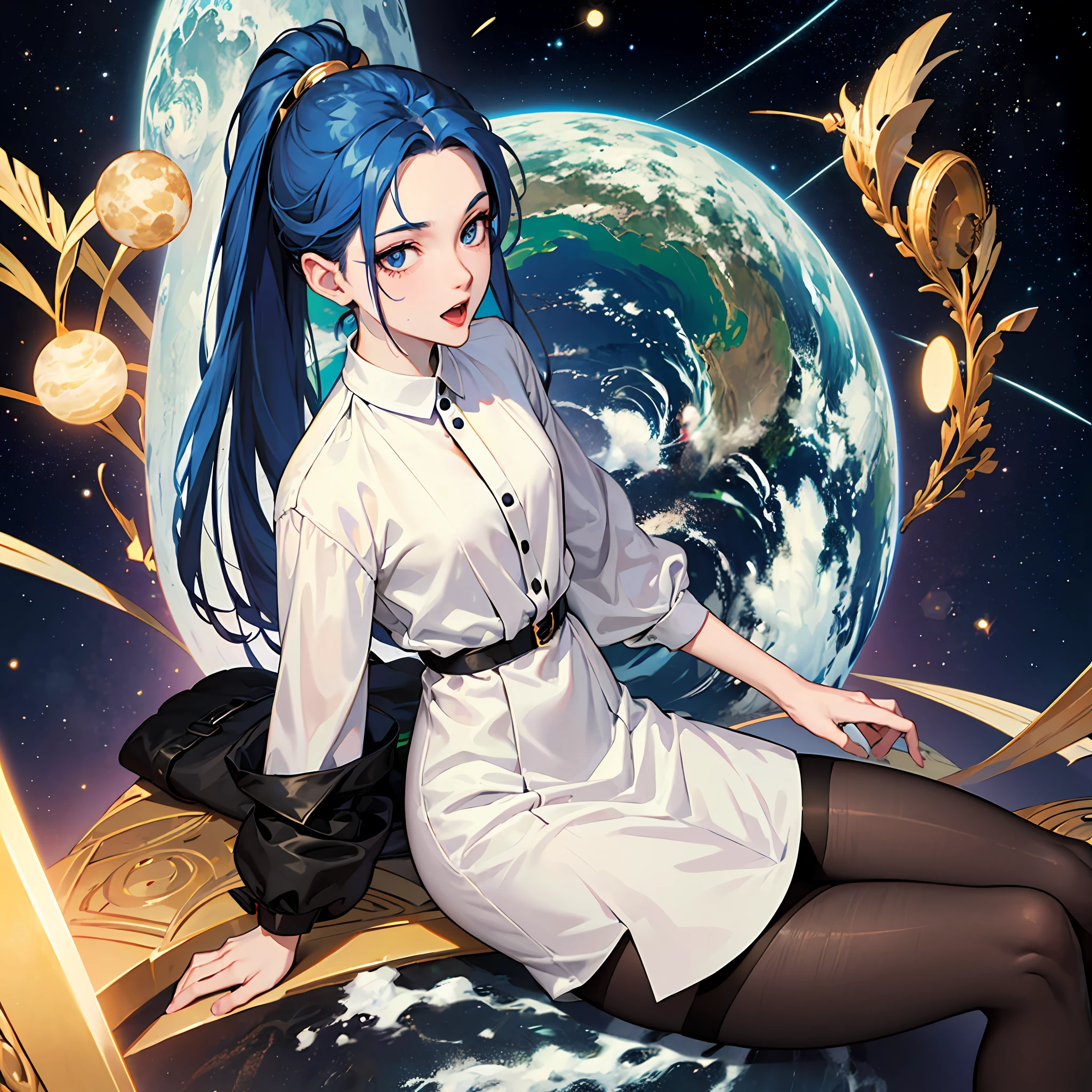fking_scifi_v2, Indian, girl wearing white shirt, black wrinkled skirt with black transparent pantyhose, 8k, 80mm, f/1.8, anime stylized, highly detailed characters, rendering a cute anime girl in clothes, (Giantess: 1.6), (Eating Earth: 1.6), blue hair, white skin, cute, greedy expression, five fingers, spiral double ponytail, long legs, Earth is small, open mouth, (Earth in her mouth: 1.6), space background --auto