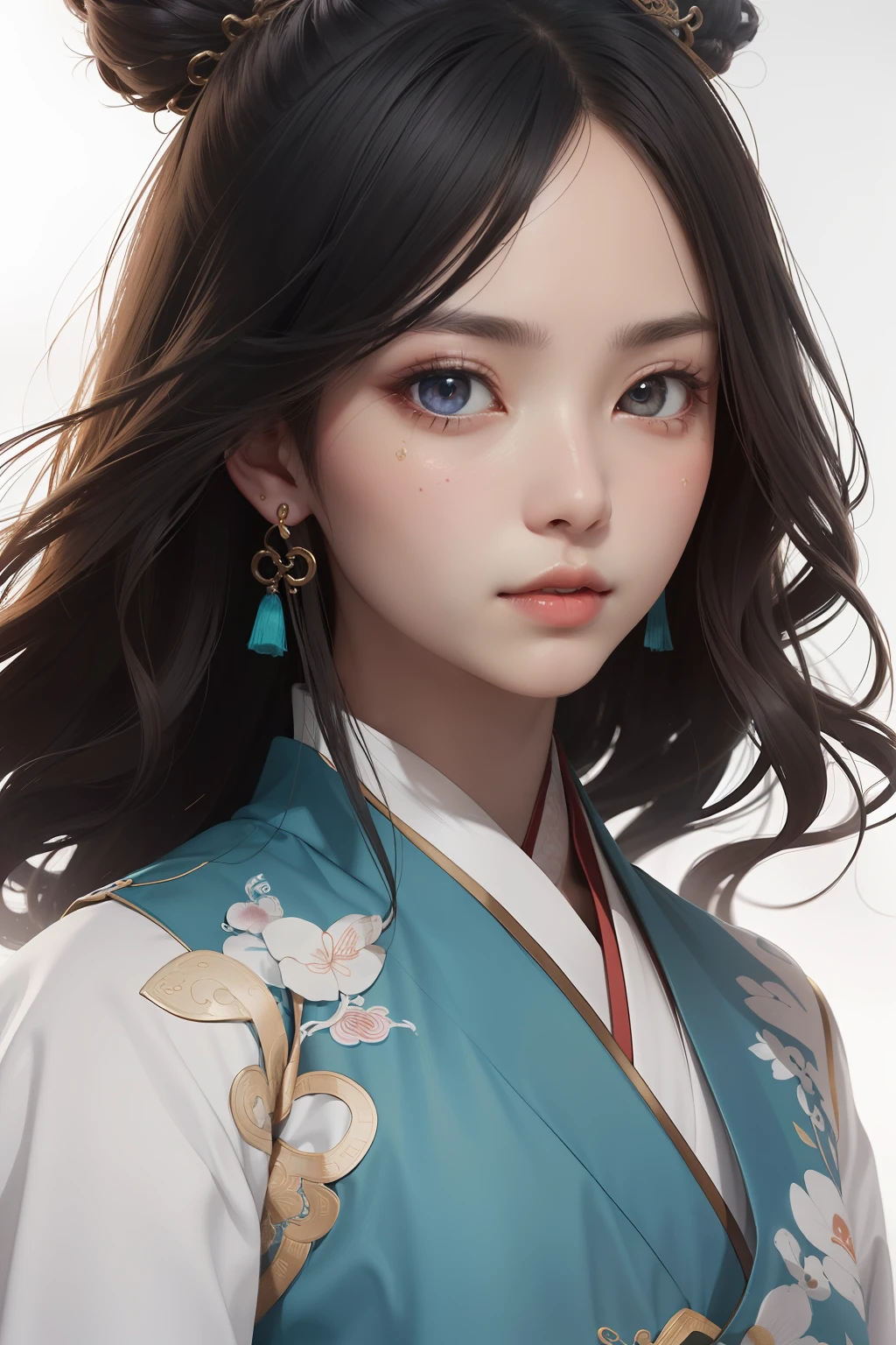 Realism, (Masterpiece, Top Quality, Best Quality), ((Wuxia World, Xiuxian, Chinese Wuxia,)), (1 Girl Solo), Close Up, (Gentle Eyes), (Ancient Chinese Clothes, Cyan Robe, Embroidered Collar Uesugi, White Big Sleeved Shirt, Streamers), (Hairpin, Long Black Hair), (Hanfu), Light Pink Lips, (Young), Earrings, White Skin, (Clear Facial Features, Detailed Skin Texture, Beautiful Face, Facial Highlight, Above the Waist Top), White Background, Standing, Slim Figure, 8k uhd, DSLR, soft light, high quality, high resolution, (very detailed CG unity 8k wallpaper)