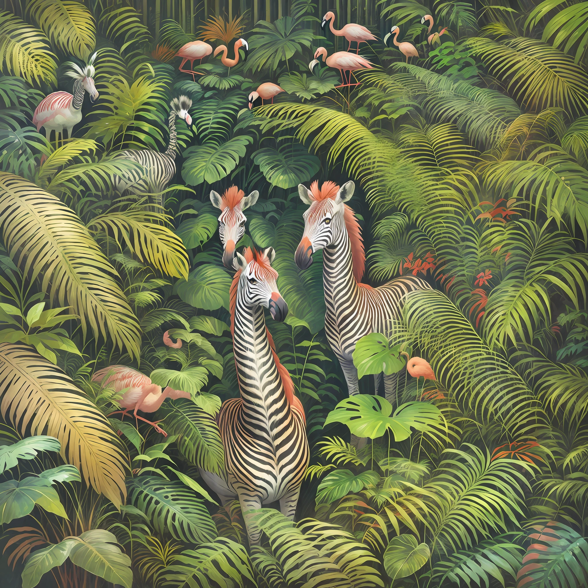 flamingo zebra standing in a jungle of palm leaves and plants, among foliage, in a highly detailed jungle, by Elizabeth Jane Lloyd, plus the zebra, in a rainforest, in a jungle, in the jungle, wildlife illustration, highly detailed, curious painting, by Tina Blondell, by Elizabeth Charleston, zebra, hyper realistic, surrealist, highly detailed, mysterious painting in the jungle, hildebrandt, masterpiece