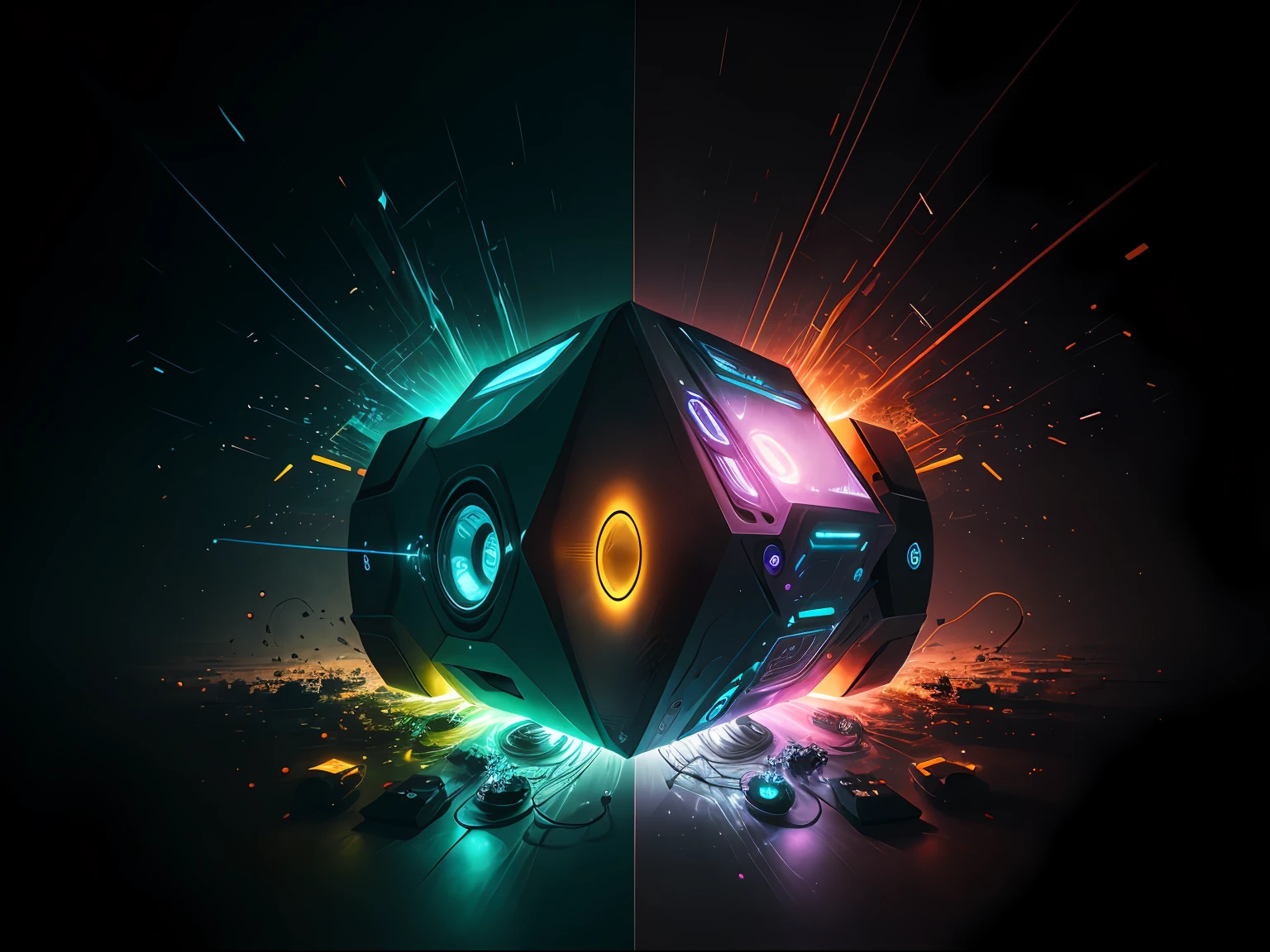 1. A fragmented face composed of mechanical and electronic parts, with light rays emanating from them.
2. A futuristic battlefield with robots engaged in a fierce battle, creating lightning and explosions in all directions.
3. A powerful robotic hand crushing a music speaker, symbolizing the sonic dominance of "Technical Knockout".
4. An abstract graphic representation of geometric shapes and futuristic lines meeting and creating visual chaos.
5. A robotic brain in fractal composition, giving off electrical impulses that vibrate through the image.
6. A vibrating energy force field with bright and intense colors, surrounding the title "Technical Knockout".
7. An industrial landscape of gigantic machines and cables