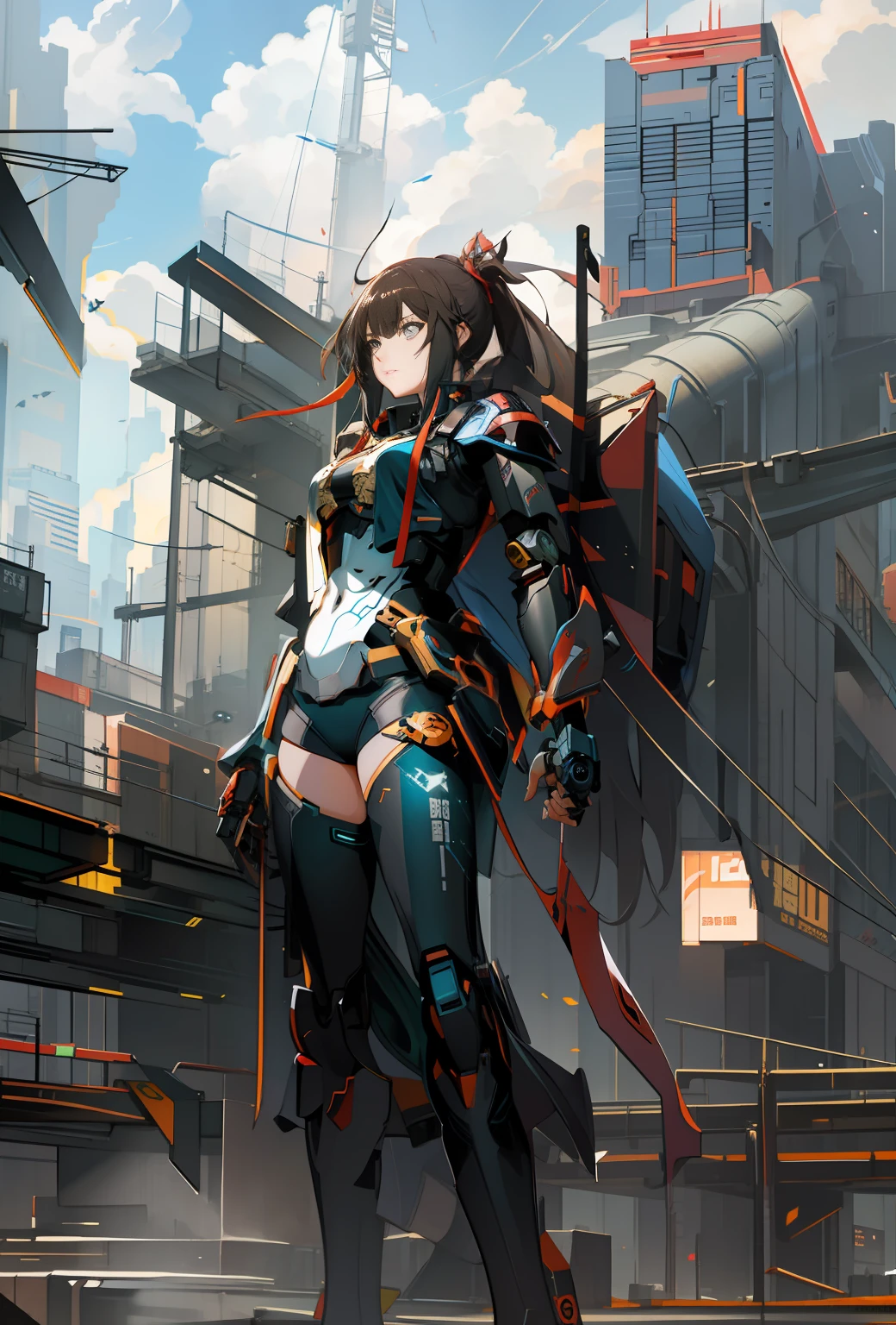 anime character with a sword and a backpack in a city, cyberpunk anime girl mech, girl in mecha cyber armor, digital cyberpunk anime art, inspired by Krenz Cushart, mechanized valkyrie girl, by Krenz Cushart, anime cyberpunk art, female mecha, cyberpunk anime girl, best anime 4k konachan wallpaper, female cyberpunk anime girl