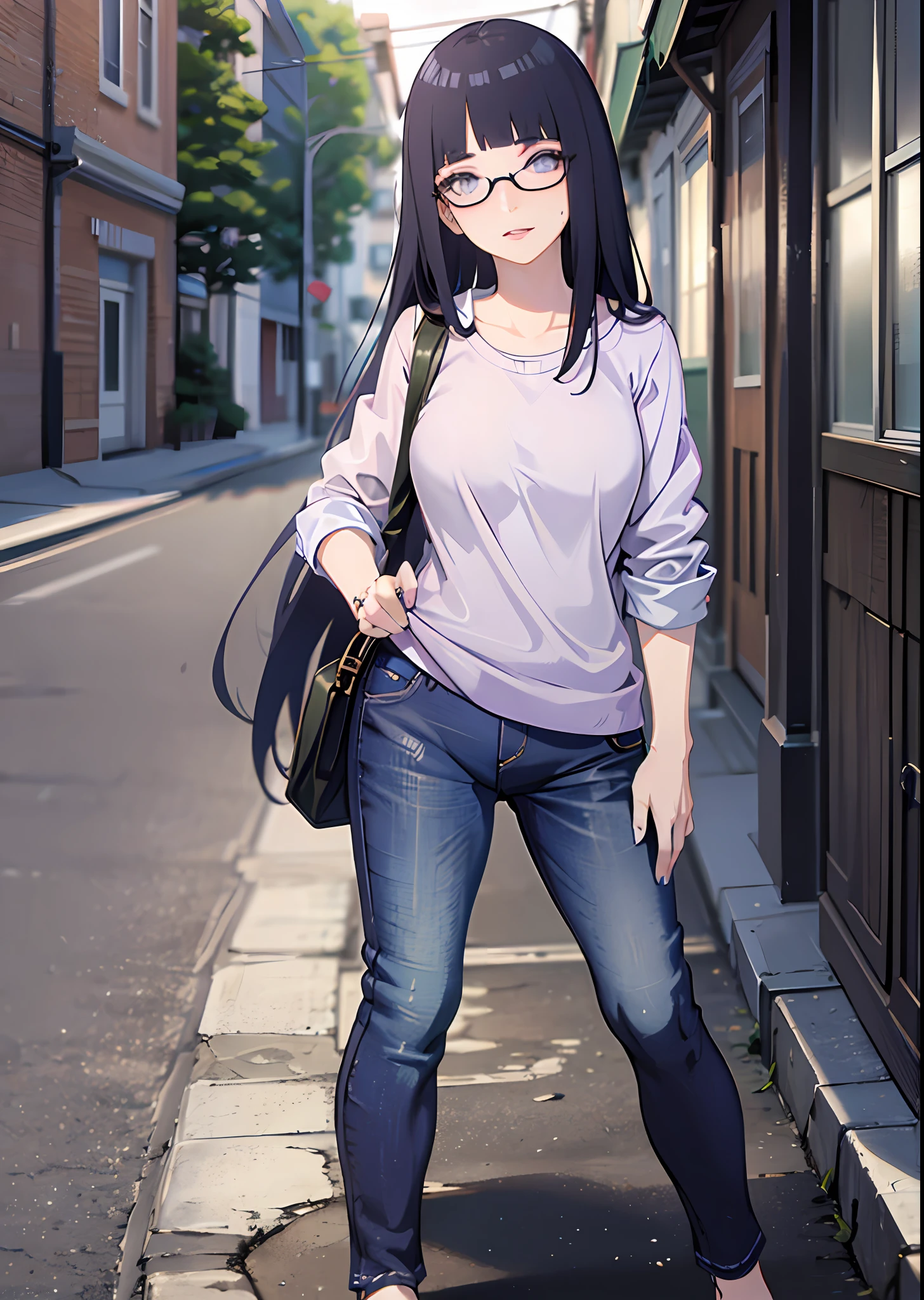 full body photo of a beautiful petite woman wearing round glasses, sexy, blunt bangs, dark blue hair, purple eyes, casual, long hair