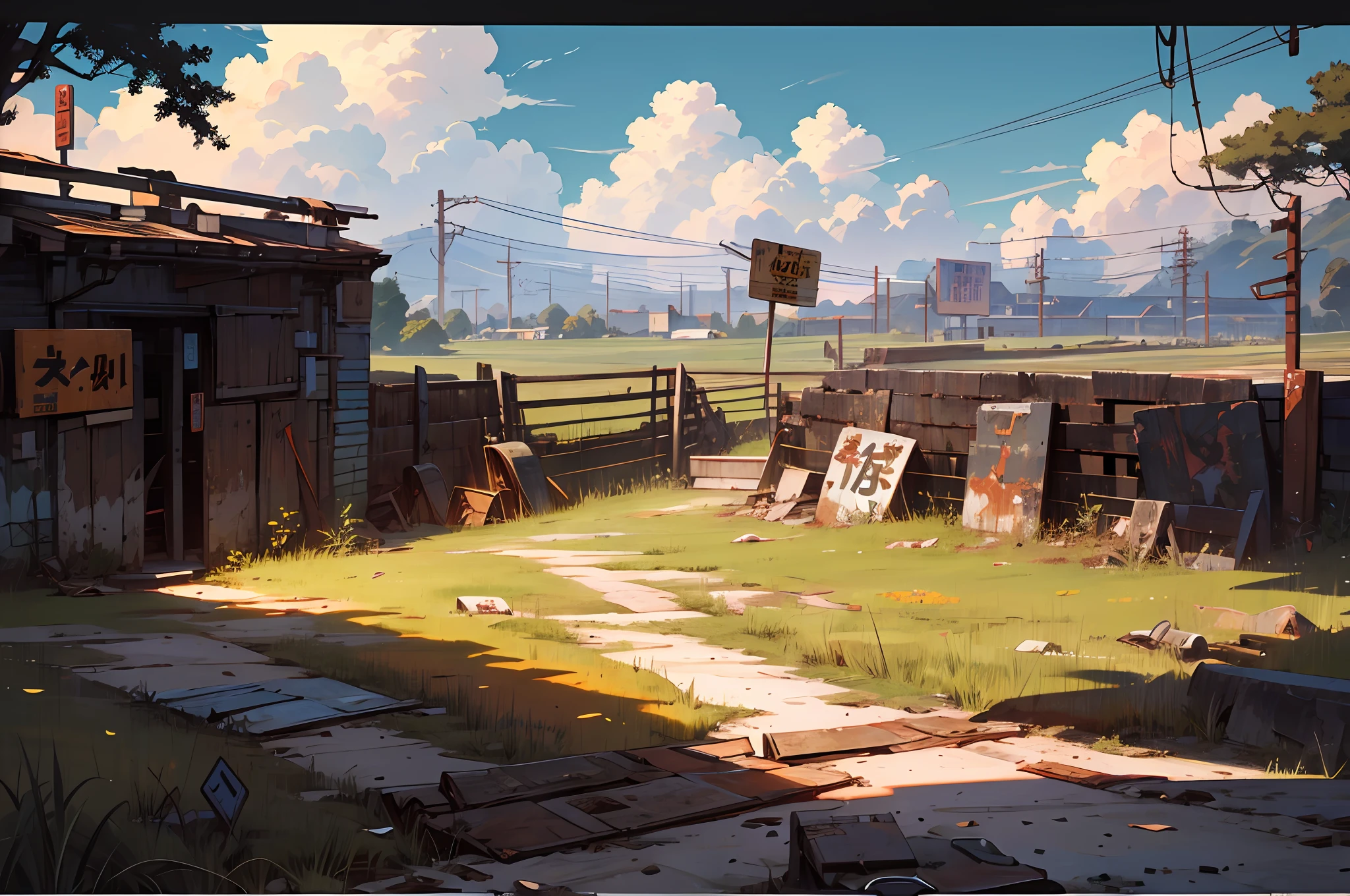 (scenery, no humans, outdoor, sky:1.2), masterpiece, best quality, beautiful face, 8k, absurdres, (rusty metal signs:1.2), dirty guardrails, from above, perspective, depth of field, HDR, (bleach bypass, ginnokoshi:0.8), cinematic lighting, professional lighting, very dark landscape shadows, high contrast, sharp focus, highres, photography, hyperrealistic, ultra detailed, sharp details, finely detail, pole, wires, field, chain fence, grass, bright and sunny, old tire, street,