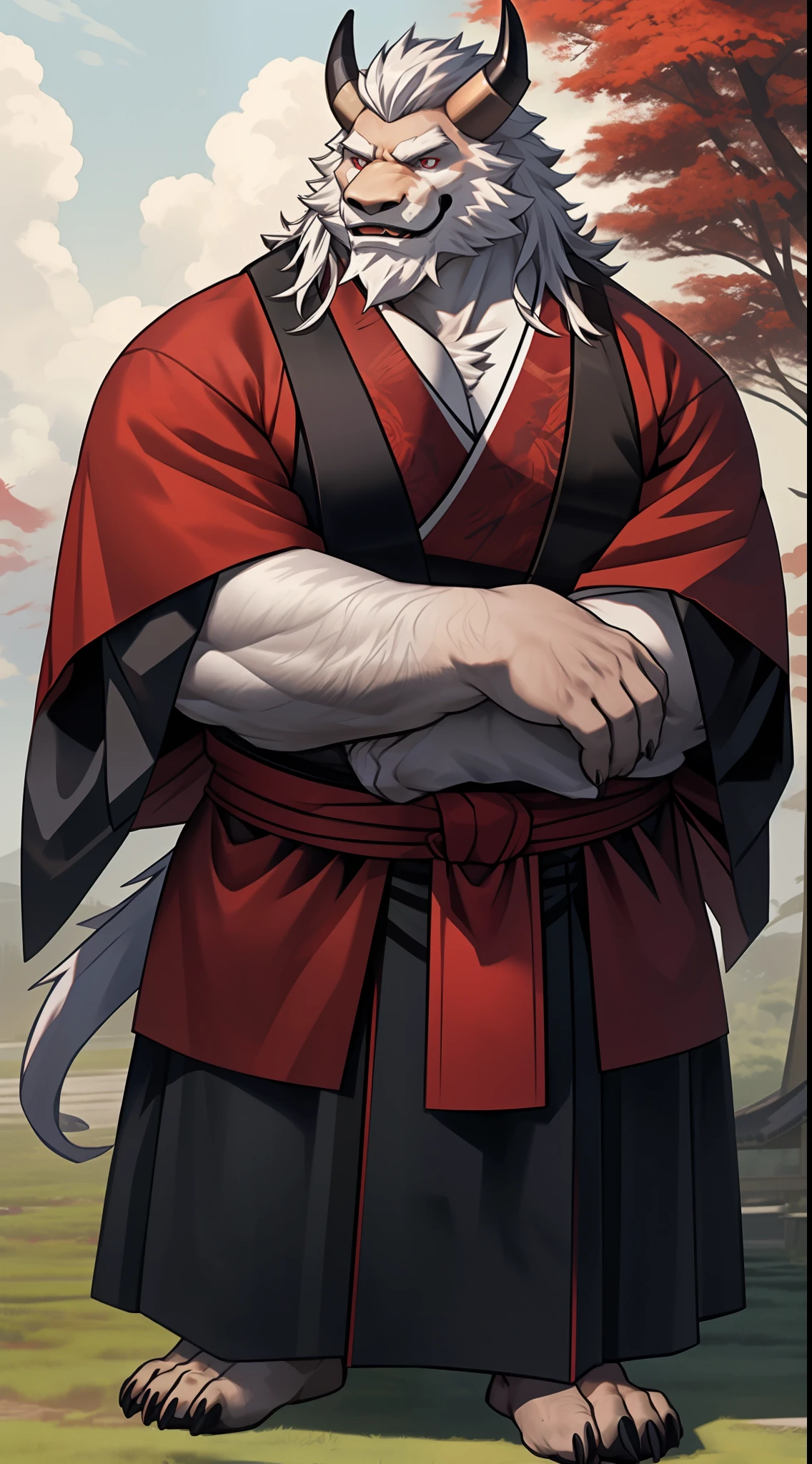 anthro, male, old chubby, (Red demon), (detailed eyes), Realistic clothing, big fat. overweight, white beard, Samurai clothes, (wild_long_Beard), (mustache), white hair, (wide dynamic view) large breast,