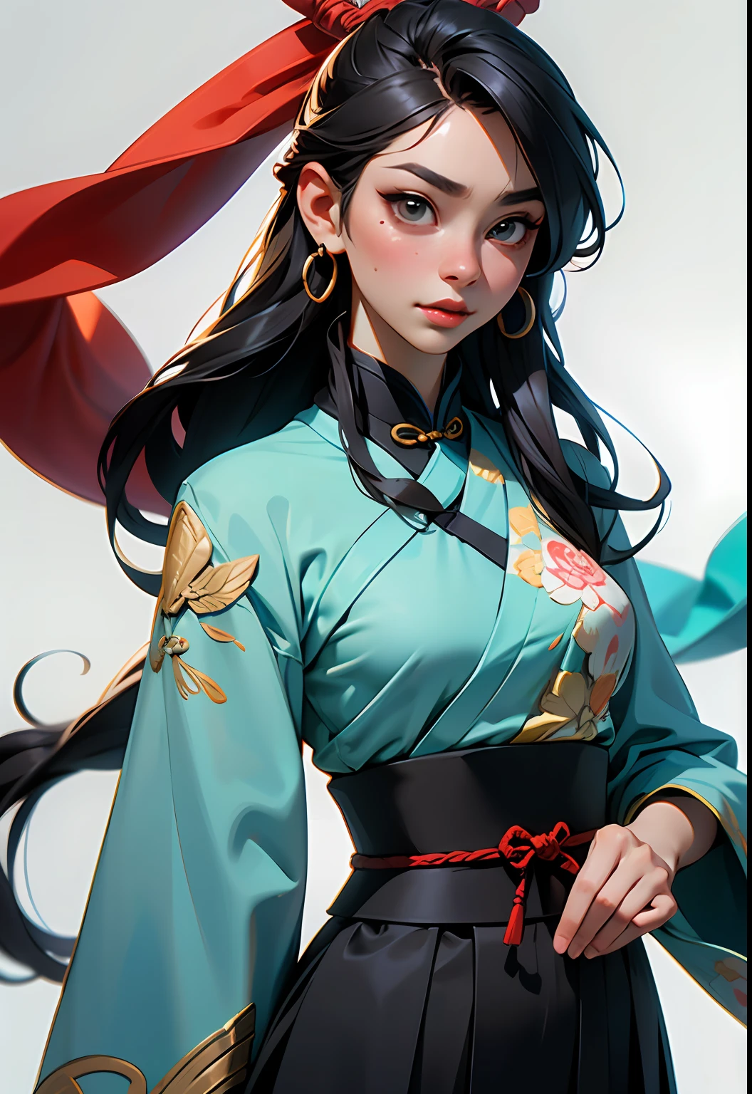 (Masterpiece, Top Quality, Best Quality), ((Wuxia World, Xiuxian, Chinese Wuxia,)), (1 Girl Solo), Close Up, (Gentle Eyes), (Ancient Chinese Clothes, Cyan Robe, Embroidered Collar Uesugi, White Big Sleeve Shirt, Streamers), (Hairpin, Long Black Hair), (Hanfu), Light Pink Lips, (Young), Earrings, White Skin, (Clear Facial Features, Detailed Skin Texture, Beautiful Face, Facial Highlight, Above the Waist), White Background, Standing, Slim Figure, 8K uhd, DSLR, soft light, high quality, high resolution, (very detailed CG unity 8k wallpaper)