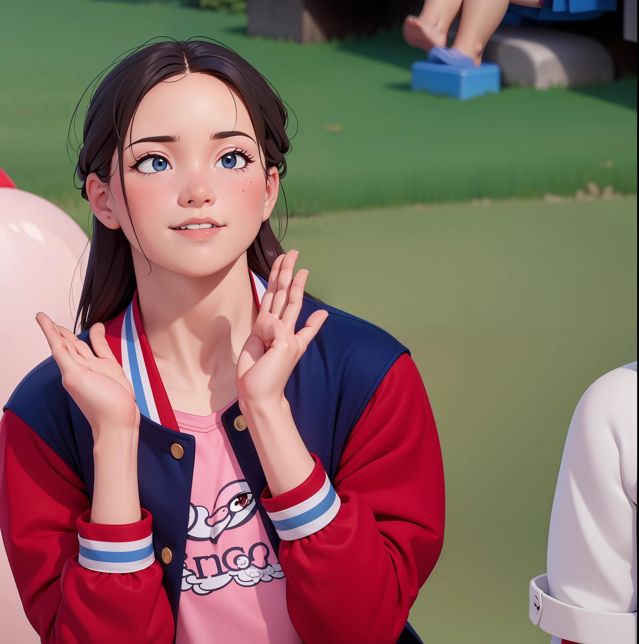 A girl, , wearing a red and blue plaid school uniform, school playground, applauded