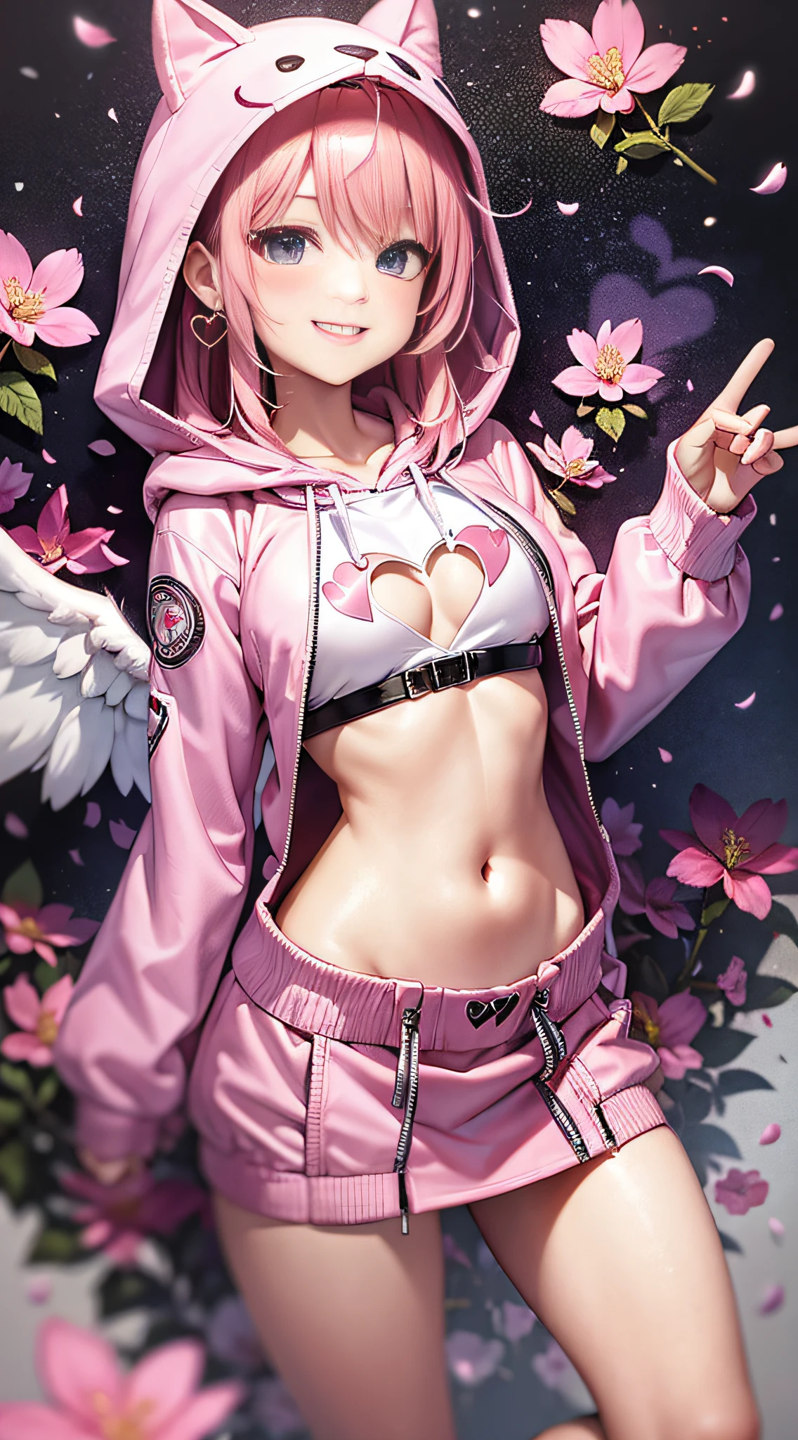 Pink hair. Long hair. Miniskirt. Parka. Earring. Angel wings. Heart-shaped vacant chest. Heart logo. A big smile. Inside the game center. White wings. Navel. Futomo. Navel out. Put on the hoodie hood. Put a hood on your head. Cherry blossom blizzard.