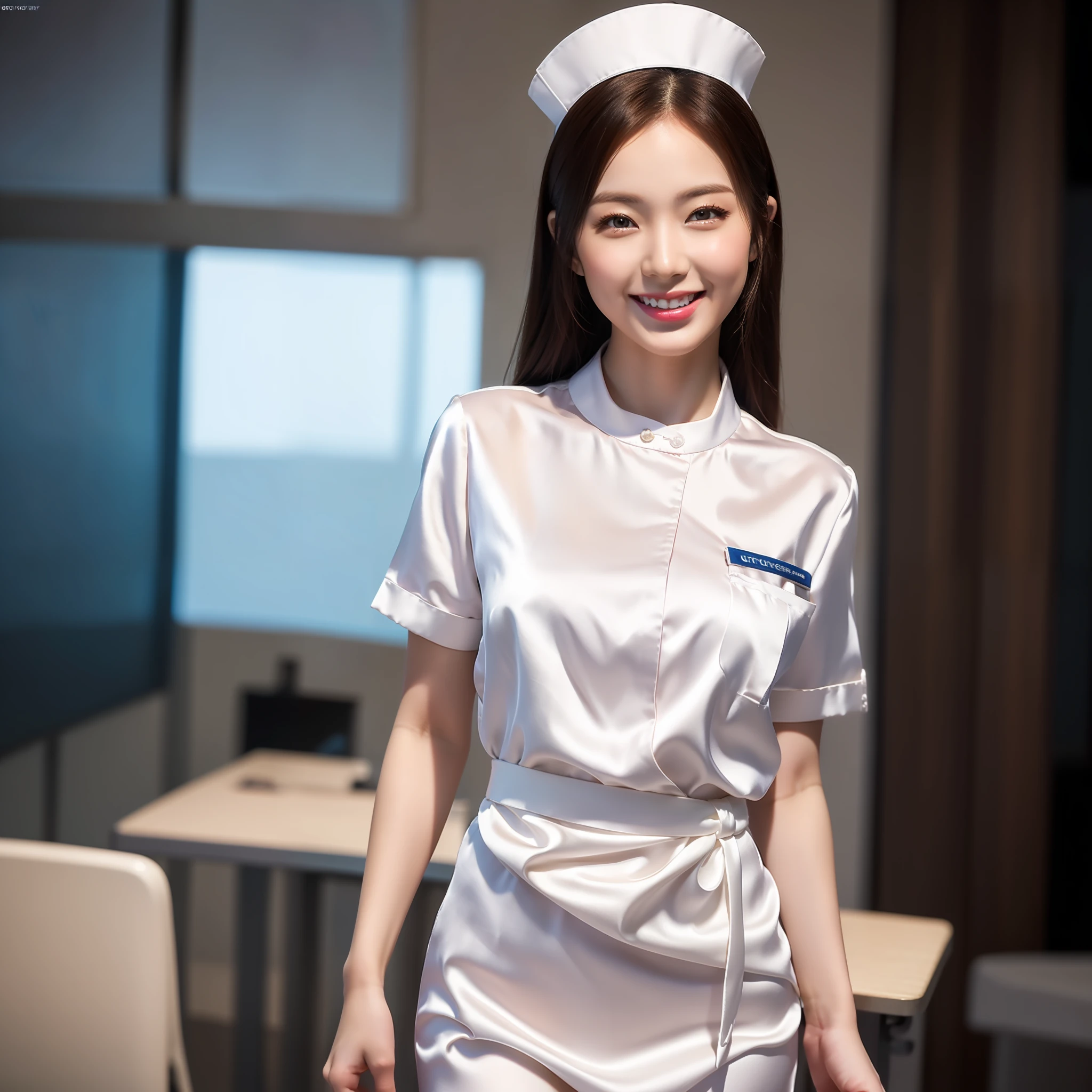 (extremely detailed CG unity 8k wallpaper, masterpiece, best quality, ultra-detailed), 19 year old chinese woman, wearing tight ((silk)) nurse uniform with Chinese styling, cute, smiling, sexy pose