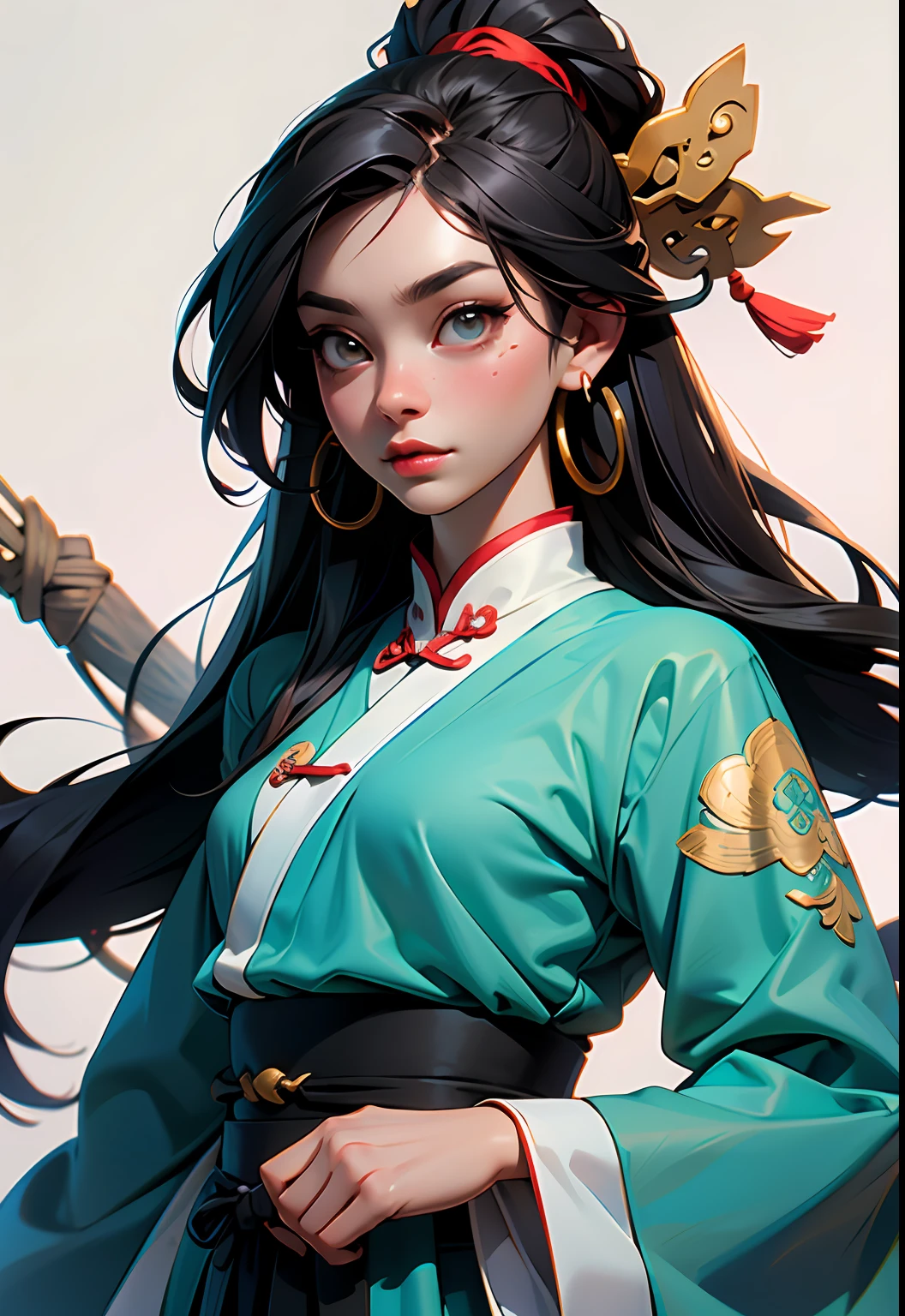 (Masterpiece, Top Quality, Best Quality), ((Wuxia World, Xiuxian, Chinese Wuxia,)), (1 Girl Solo), Close Up, (Gentle Eyes), (Ancient Chinese Clothes, Cyan Robe, Embroidered Collar Uesugi, White Big Sleeve Shirt, Streamers), (Hairpin, Long Black Hair), (Hanfu), Light Pink Lips, (Young), Earrings, White Skin, (Clear Facial Features, Detailed Skin Texture, Beautiful Face, Facial Highlight, Above the Waist), White Background, Standing, Slim Figure, 8K uhd, DSLR, soft light, high quality, high resolution, (very detailed CG unity 8k wallpaper)