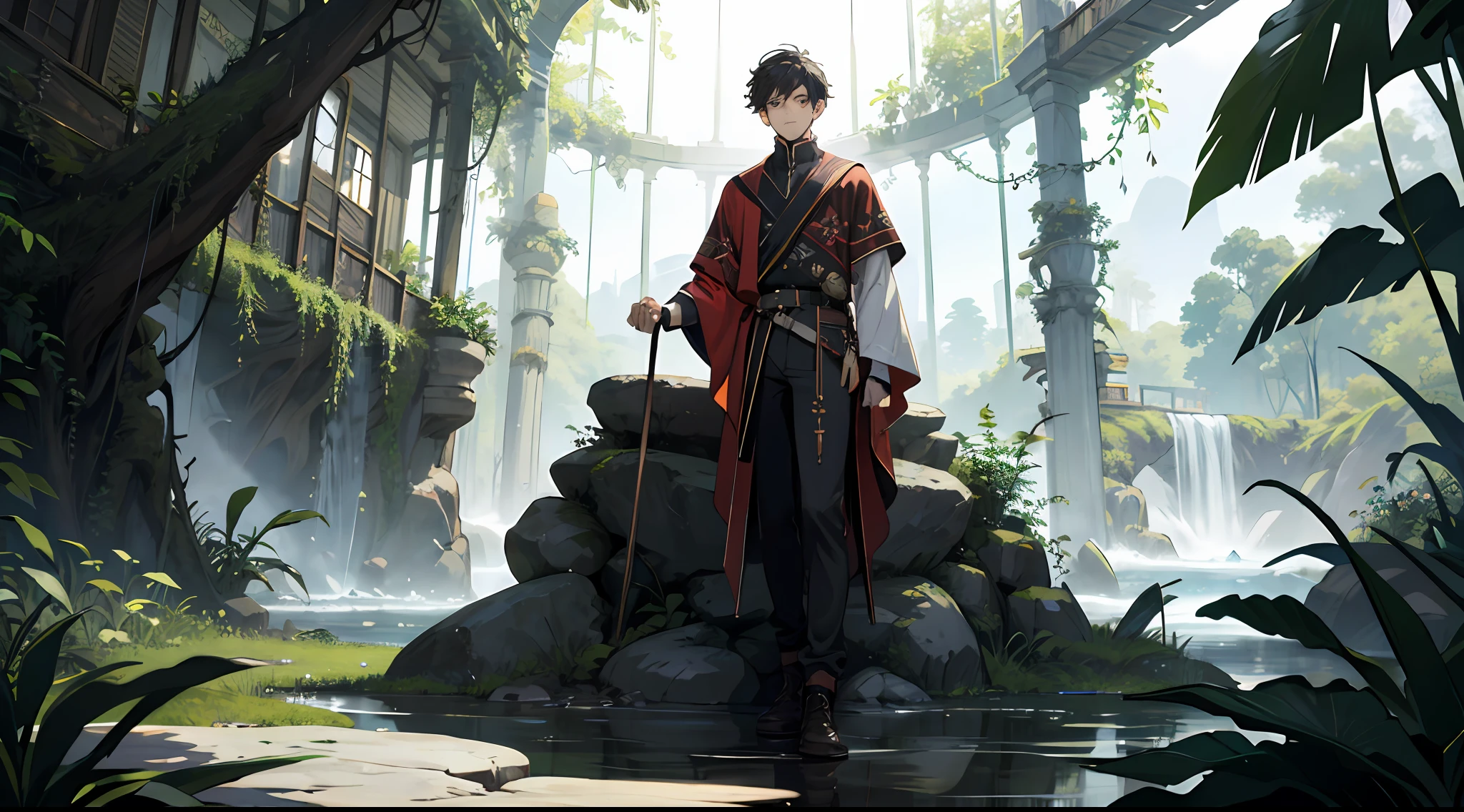 (Absurd, High Resolution), 16k, (Panorama), Boy, Teenager, Full Body, Cultivation, Magic Surround, Jungle, House, River, Antiquity, Cross Knee