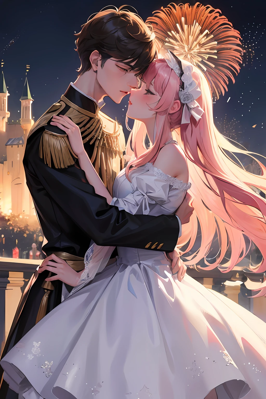 The background is a fireworks castle, two-dimensional style, white gauze princess dress girl and handsome guy hugging and kissing, ribbons, pink light bars
