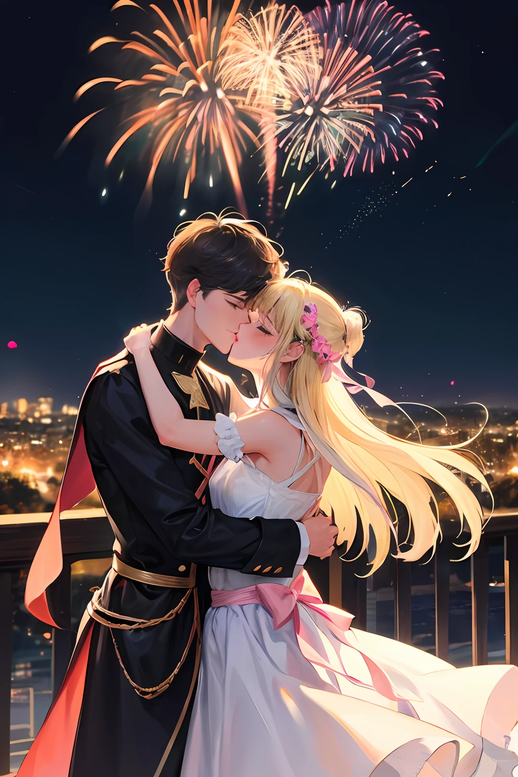 The background is a fireworks castle, two-dimensional style, white gauze princess dress girl and handsome guy hugging and kissing, ribbons, pink light bars
