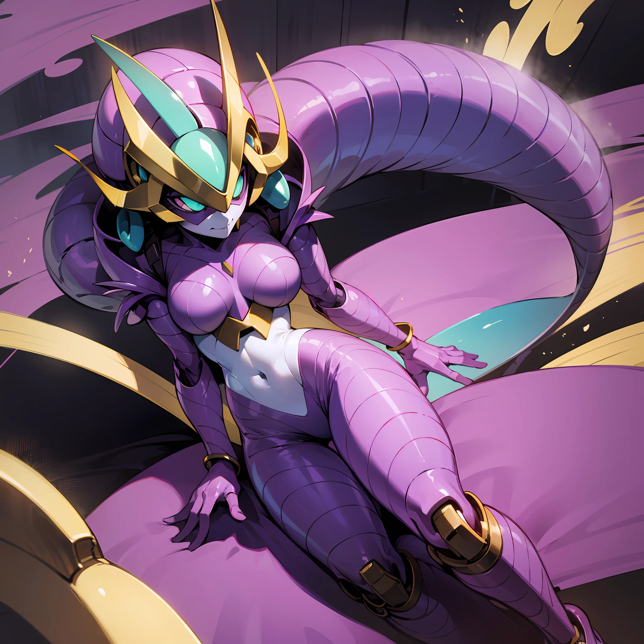 Cartoon photo of woman in white and purple costume, hot insect woman, guyver style, bad smile, scaraber reploid, bellows tail, cel shade adult animation, alien queen,