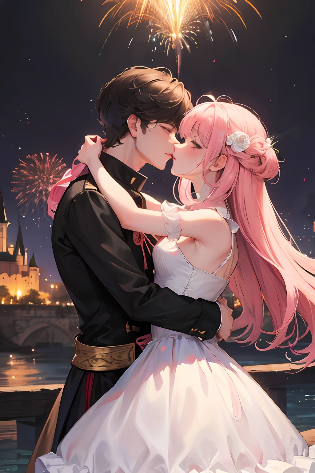 The background is a fireworks castle, two-dimensional style, white gauze princess dress girl and handsome guy hugging and kissing, ribbons, pink light bars