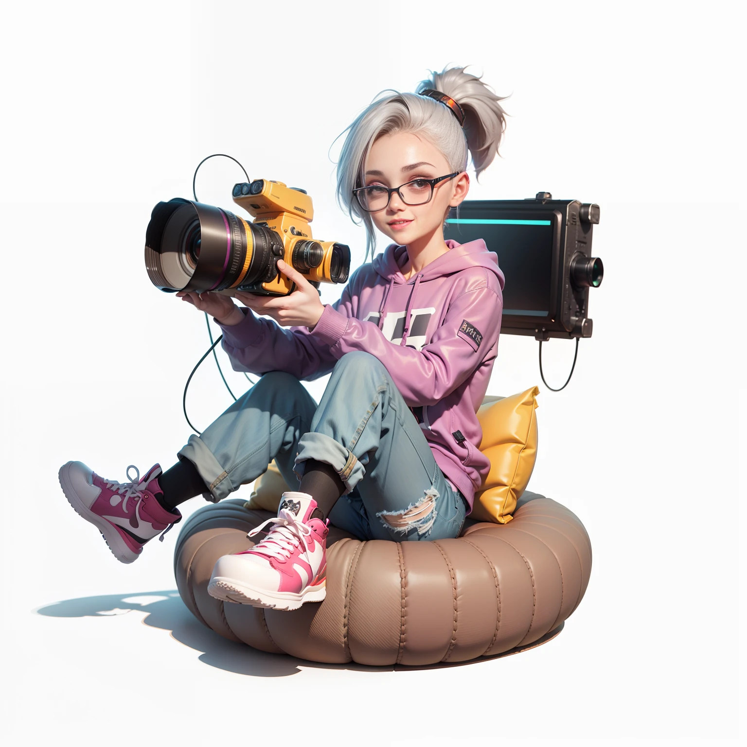 Camera, hoodie, Octane Render, Blender, Cinema 4D, 3d style, animation style, cartoon, Q version character, shorts, jeans, gray hair, long hair, leather shoes, smile, purple sofa, high saturation, cyberpunk, --auto