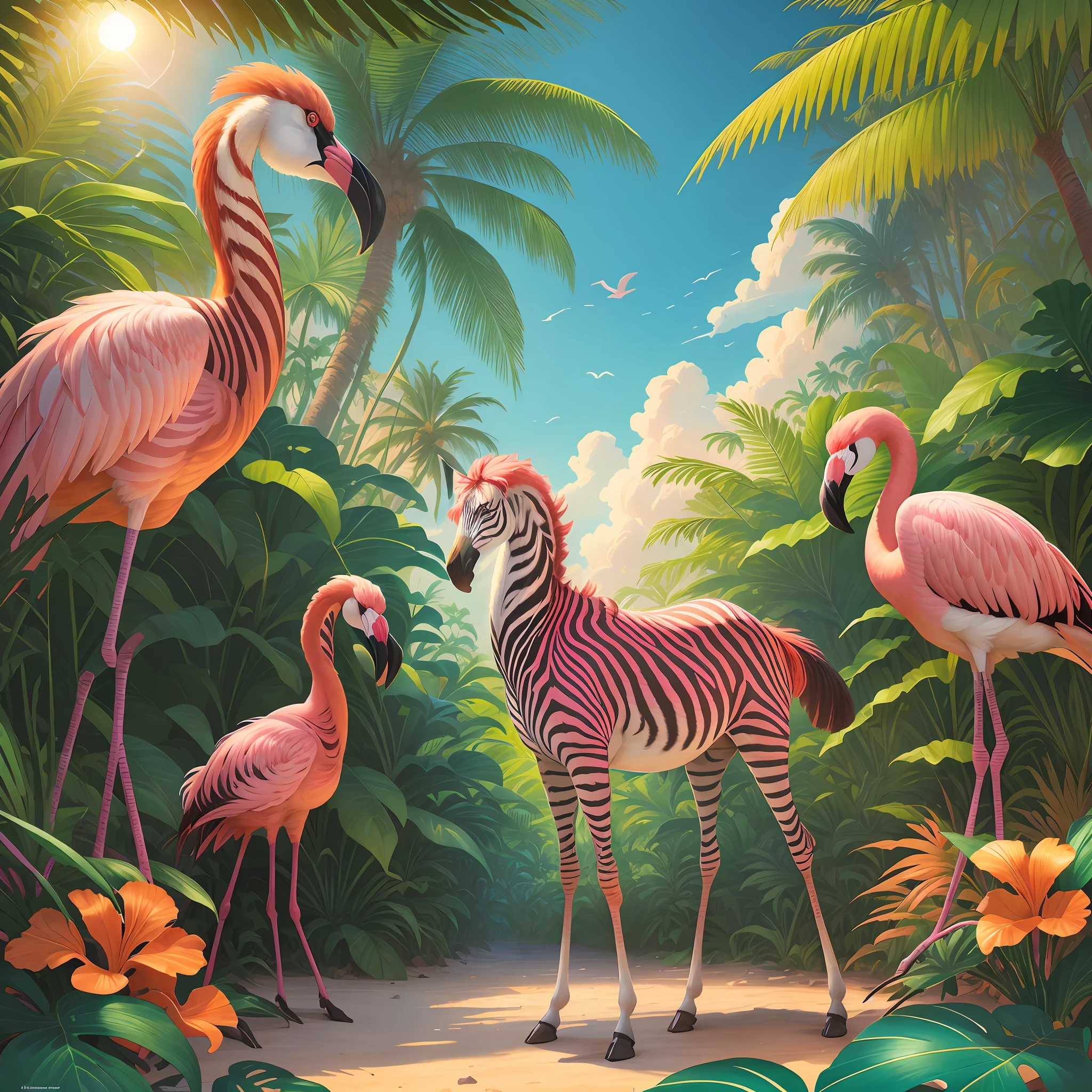 colorful zebras, flamingos+zebras in the jungle with palm leaves, sunset, tropical jungle, tropical forest, by Hildebrandt, hyper realistic, surrealist, by David B. Mattingly, flamingos, flamingos, jim warren, mysterious jungle painting, hildebrandt, tropical birds, flamingo, tropical paradise, by Thomas Dalziel, amazing background, beautiful nature, laurent durieux, by Joe Jusko, by Brian Thomas, by Wayne England,  breathtaking, 8k, masterpiece, 3d rendering, rendering