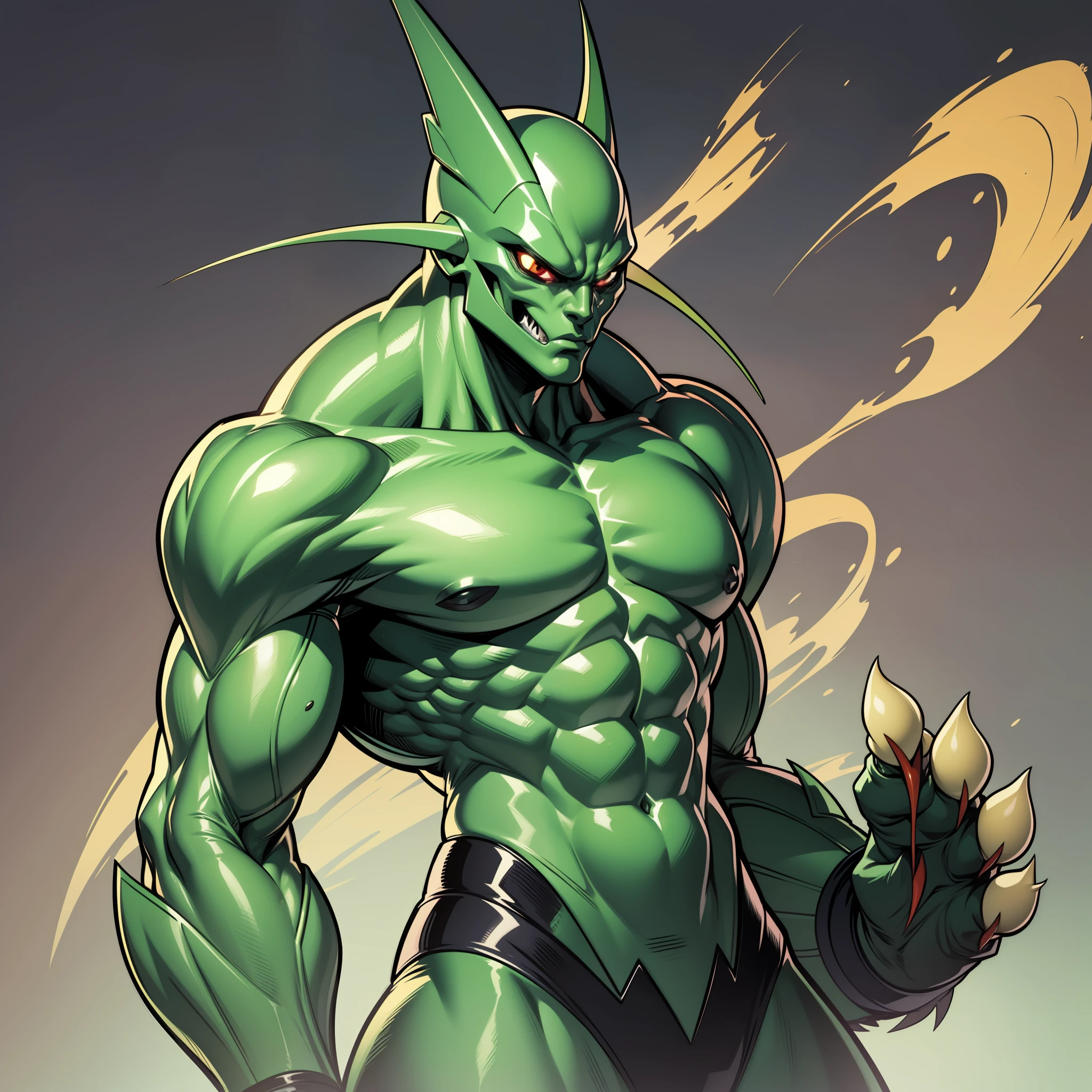 cartoon alien with an unusually muscular body, claws and a green body, celshade, guyver style,