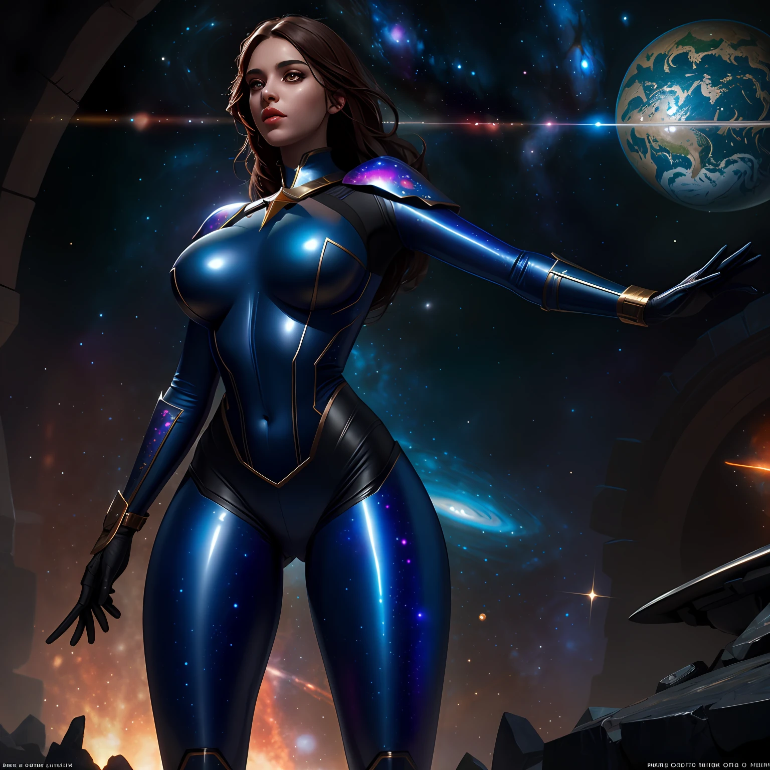Alien woman, blue skin, huge breasts, sexy pose, space suit revealing body parts --auto