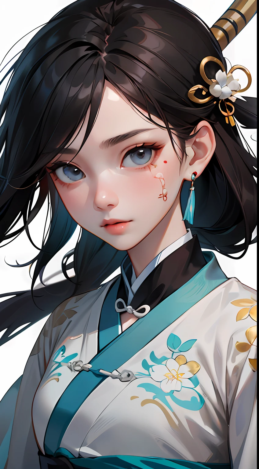 (Masterpiece, Top Quality, Best Quality), ((Wuxia World, Xiuxian, Chinese Wuxia,)), (1 Girl Solo), Close Up, (Gentle Eyes), (Ancient Chinese Clothes, Cyan Robe, Embroidered Collar Uesugi, White Big Sleeve Shirt, Streamers), (Hairpin, Long Black Hair), (Hanfu), Light Pink Lips, (Young), Earrings, White Skin, (Clear Facial Features, Detailed Skin Texture, Beautiful Face, Facial Highlight, Above the Waist), White Background, Standing, Slim Figure, 8K uhd, DSLR, soft light, high quality, high resolution, (very detailed CG unity 8k wallpaper)