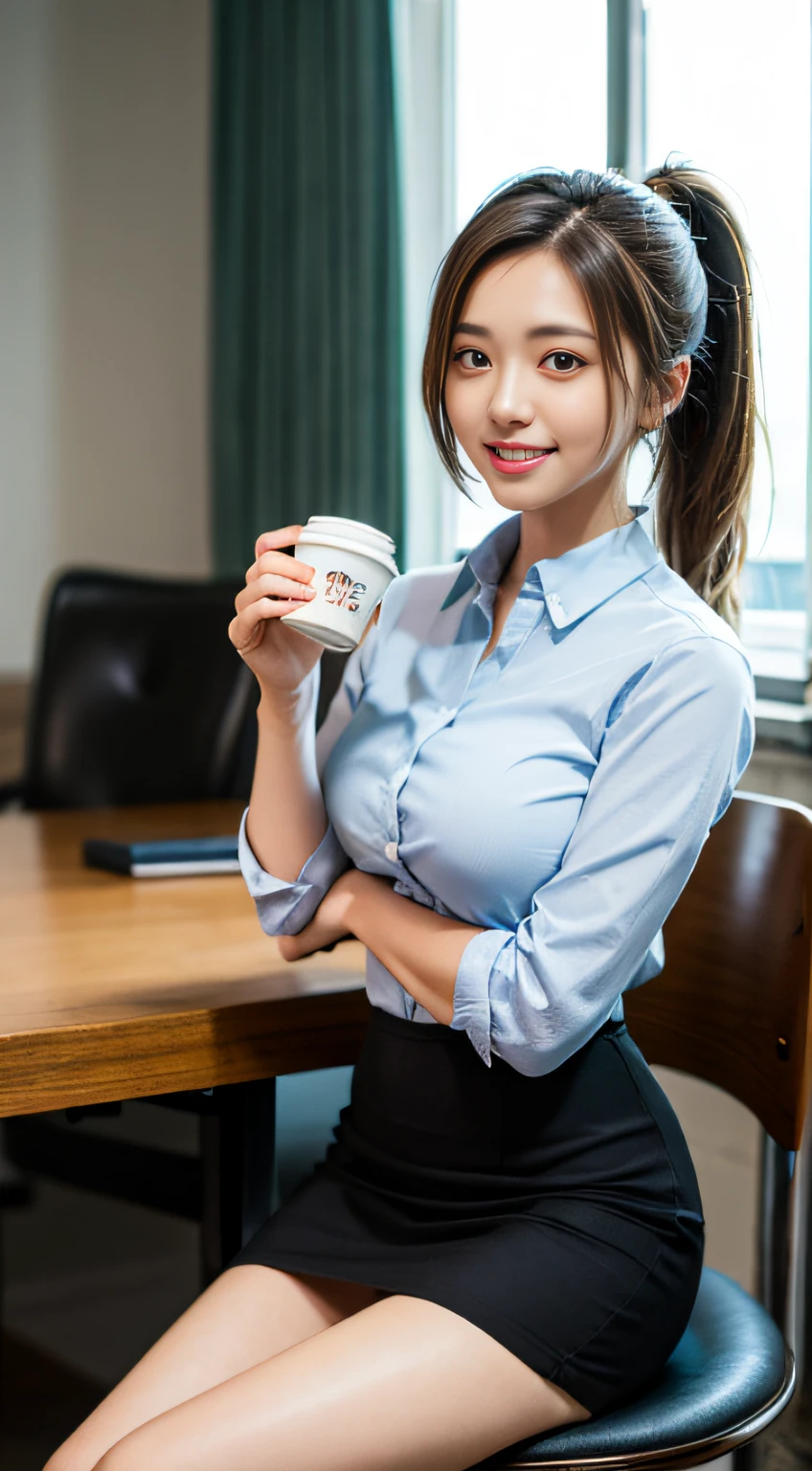 A 30 year old secretary in a professional A-line skirt, shirt, step skirt, realistic, masterpiece, super high resolution, 16K quality, RAW photo, brunette hair, long hair, high ponytail, smile, slim figure, slender waist, reasonable body proportions, perfect skin, sitting in office drinking coffee, Giant breast, glowing skin, sunny, 35mm lens, sony fx3 image quality