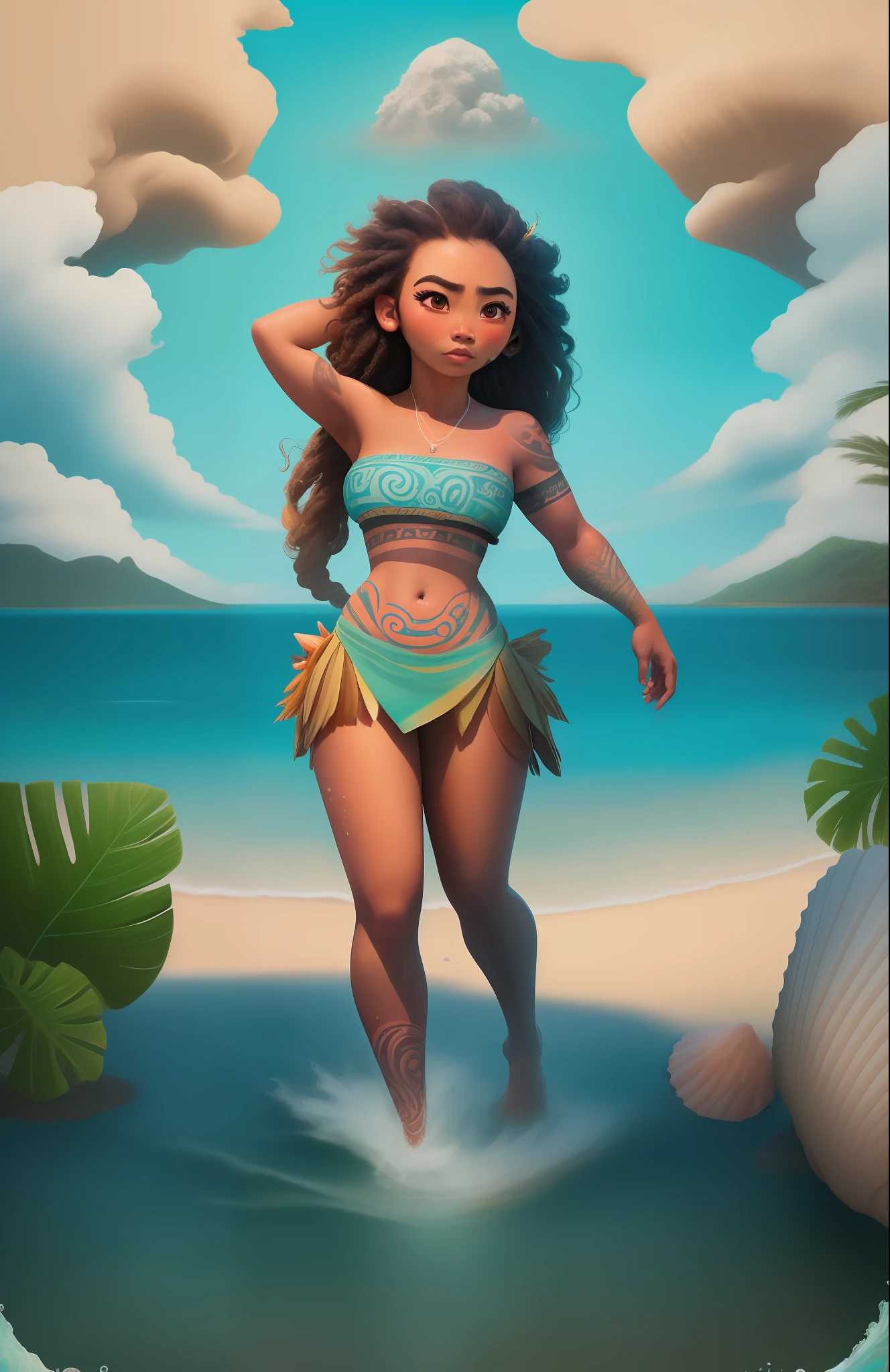 epic movie poster, volcano erupting, award winning (full body:1.3) portrait photo of a (moana:1.2), (seashell bikini:1.2), (water goddess:1.2), tribal tattoos, (wading:1.2) in the pacific (ocean:1.1), arms behind head, (partially submerged shot:1.2), (waves:0.9), desert island background, palm trees, beach,fluffy clouds in the sky, London
