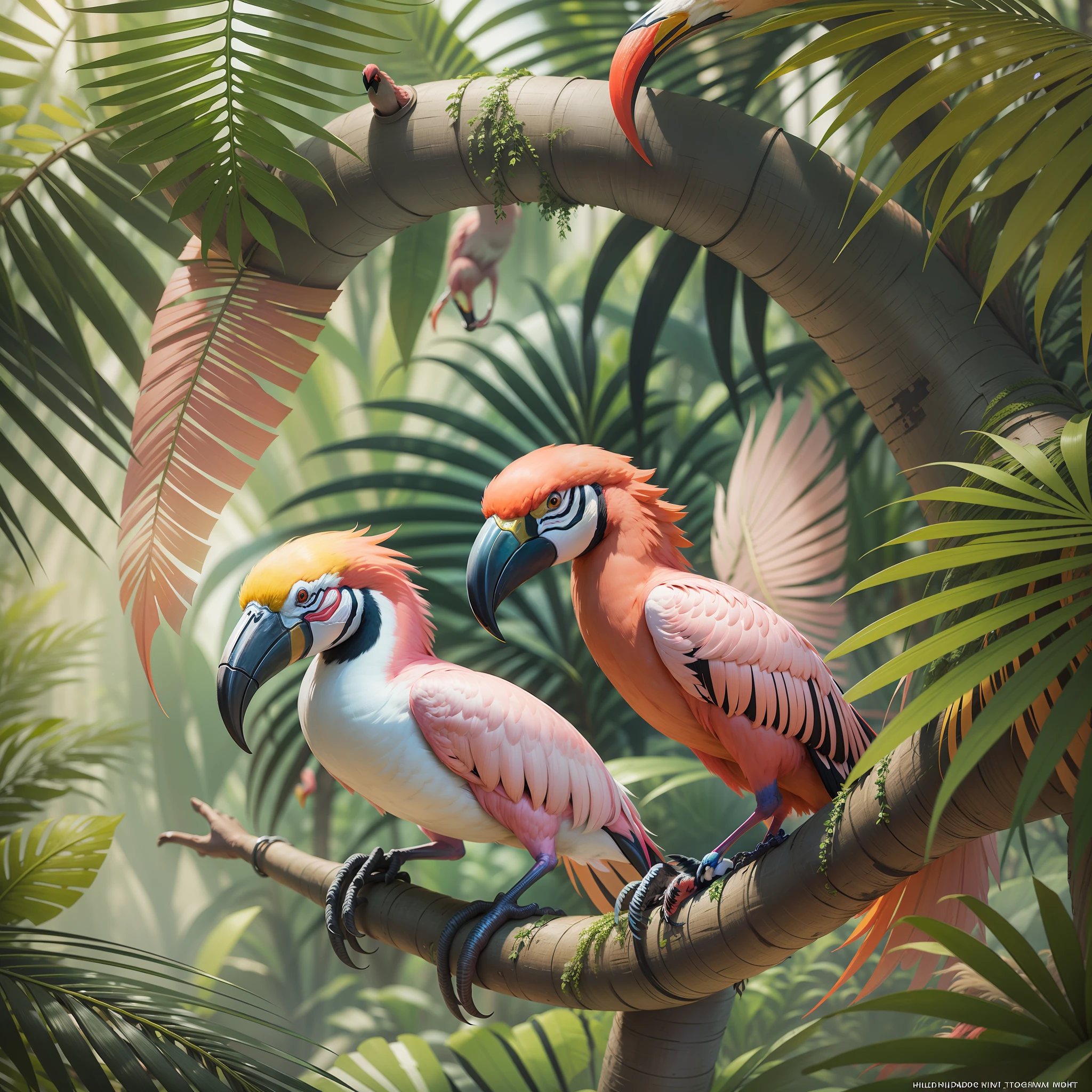 Create a perfect photograph of a jungle with many colorful birds, flamingos, toucans, macaws, tropical forest, rich in detail, 3d rendering, best quality, National Geographic, award-winning photography, cinematic, cinema light, cinema quality, masterpiece, super detailed, hyper realism, by hildebrandt