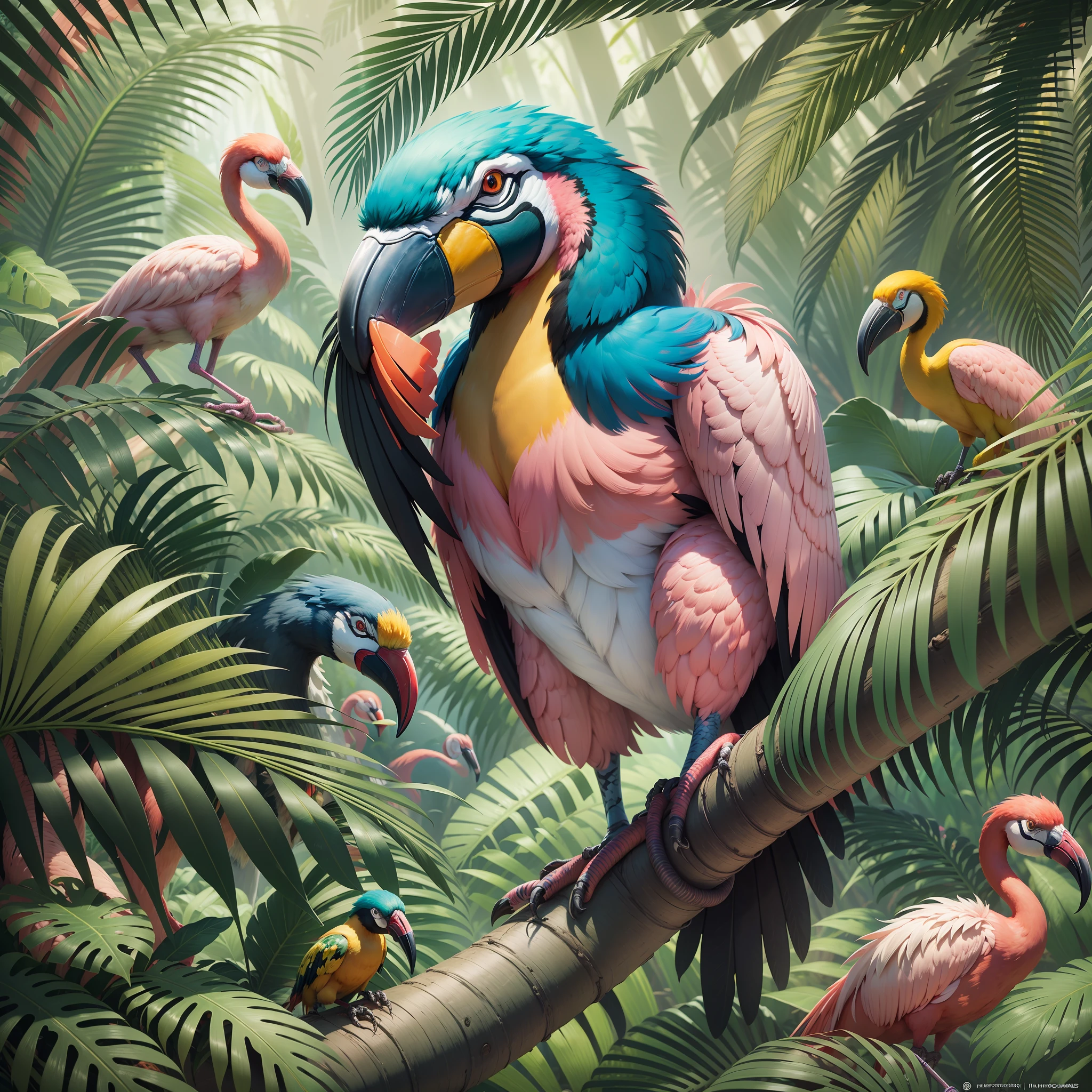 Create a perfect photograph of a jungle with many colorful birds, flamingos, toucans, macaws, tropical forest, rich in detail, 3d rendering, best quality, National Geographic, award-winning photography, cinematic, cinema light, cinema quality, masterpiece, super detailed, hyper realism, by hildebrandt