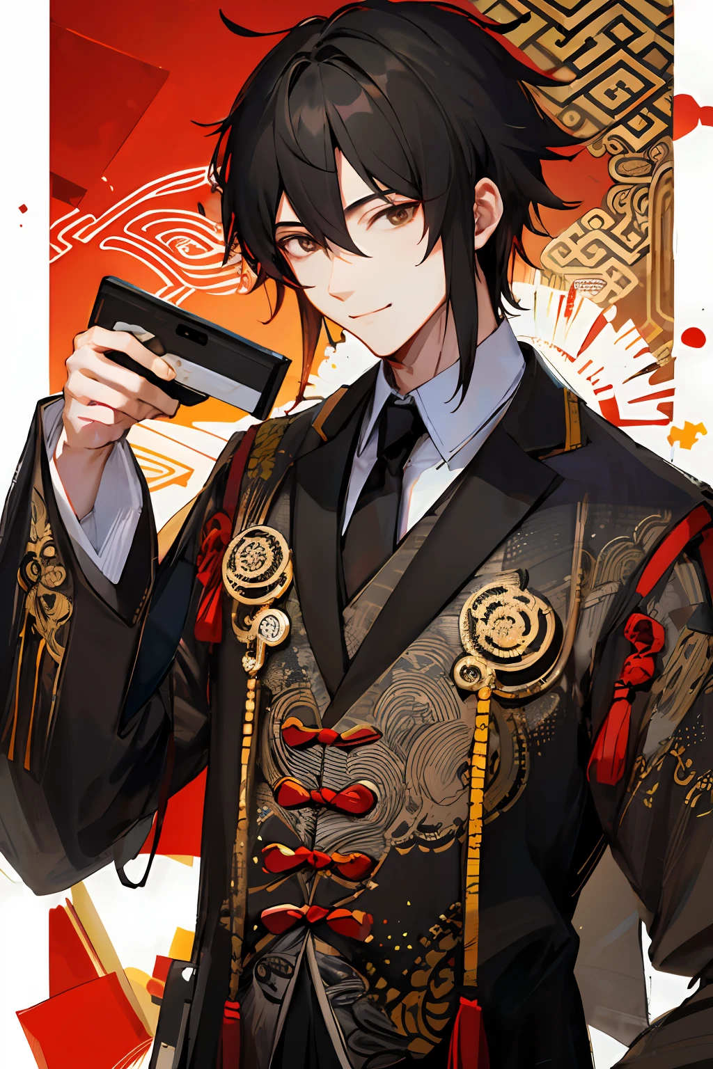 A man holding an orange wearing a Hanfu and smiling