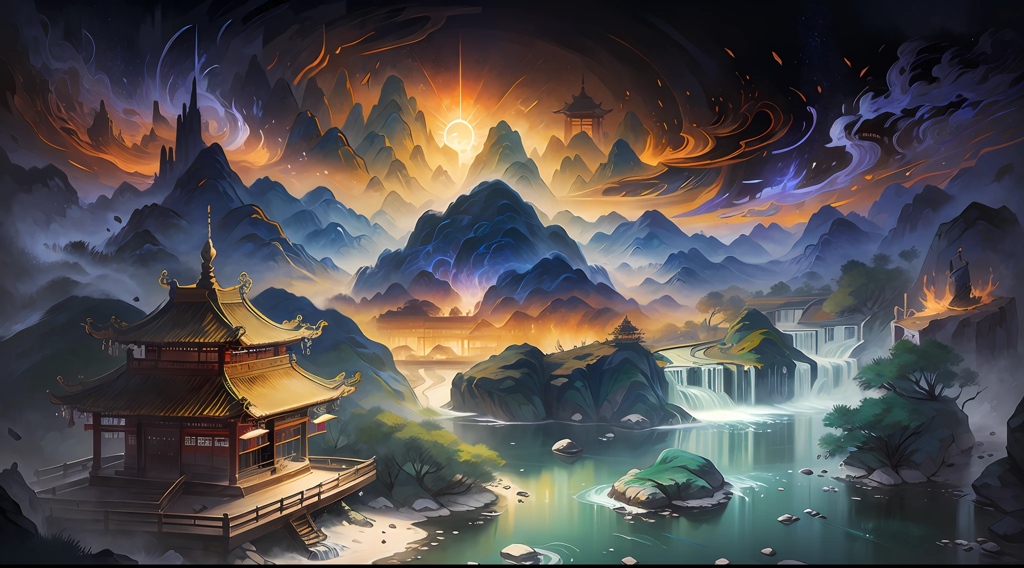 (Best quality: 1.3), (Masterpiece: 1.3), (Realistic: 1.4), (Detail: 1.1) ancient Chinese painting, ancient Chinese background, majestic, mountains, rivers, auspicious clouds, (pavilions of different shapes: 1.4), sunlight, masterpiece, super detail, epic composition, ultra hd, high quality, extremely detailed, official art, unified 8k wallpaper, super detail, 32k -- v 6